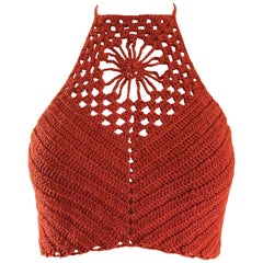 Burnt Orange Hand Crochet Vintage Wool Crop Top Flower Boho Shirt, 1970s