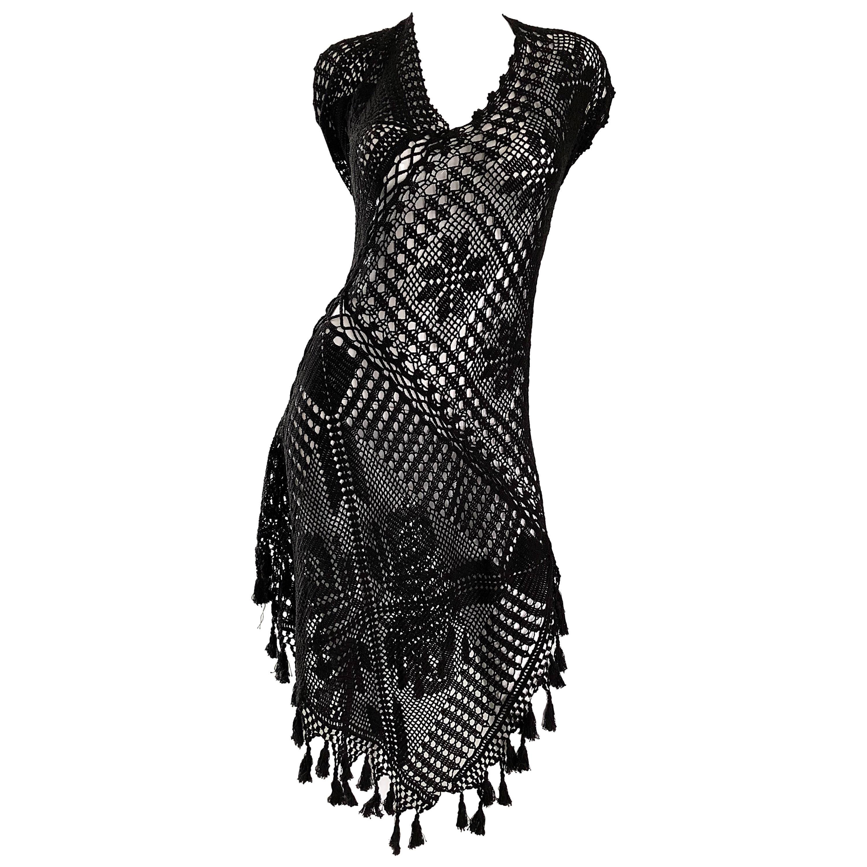 1990s Jean Paul Gaultier Vintage Black Hand Crochet Poncho Tunic Halter Dress
