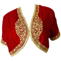 Red Velvet Gold Trimmed Moroccan Bolero Jacket, 1960s 