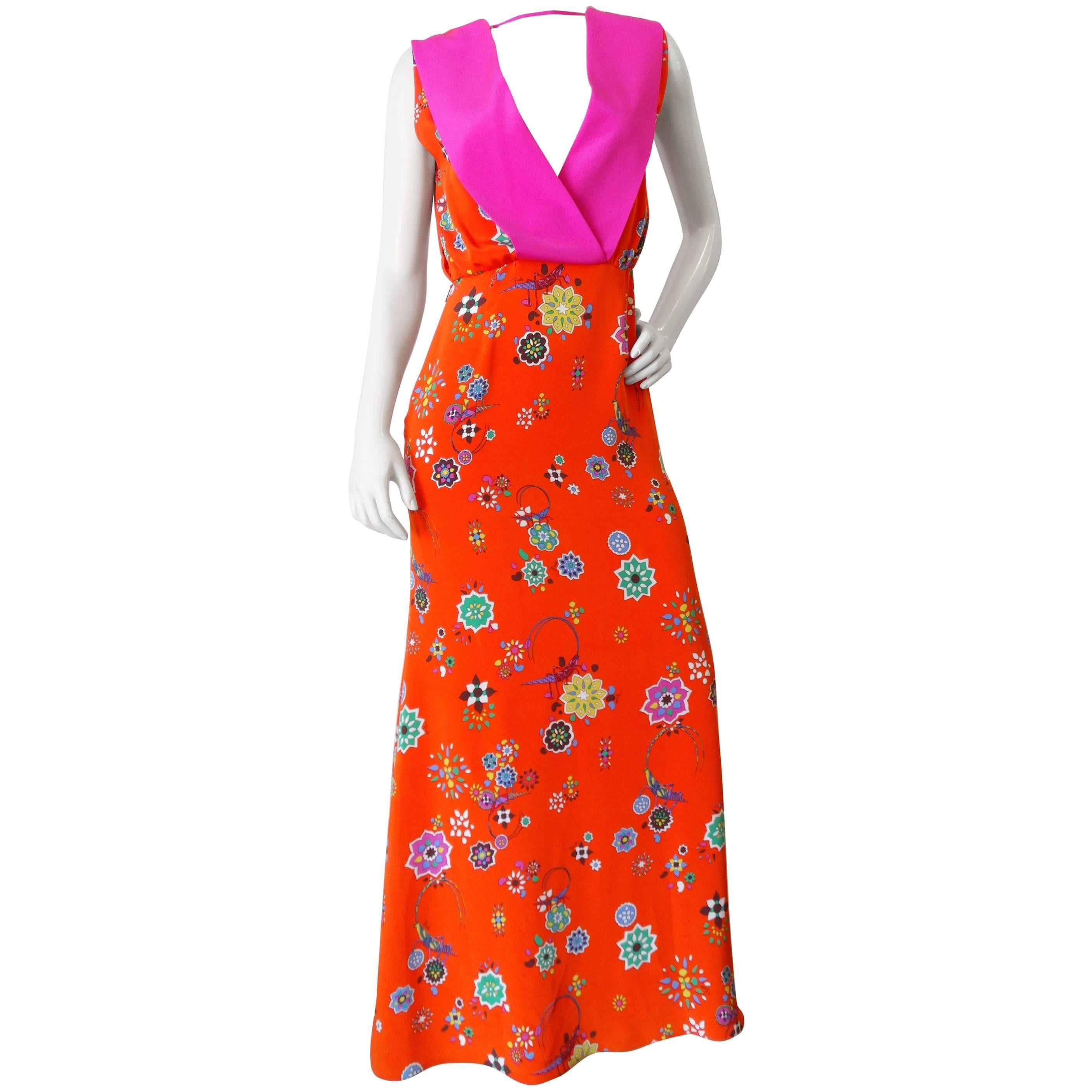 Emilio Pucci Orange and Pink Grasshopper Print Dress 