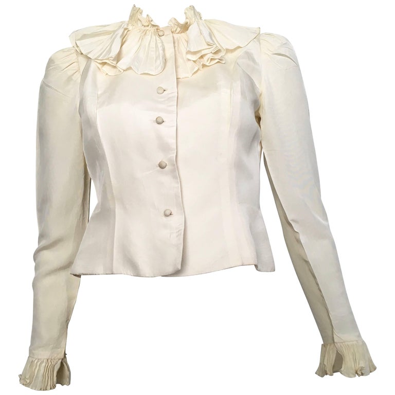 Partique New York Cream Ruffled Blouse Size 4. For Sale at 1stDibs