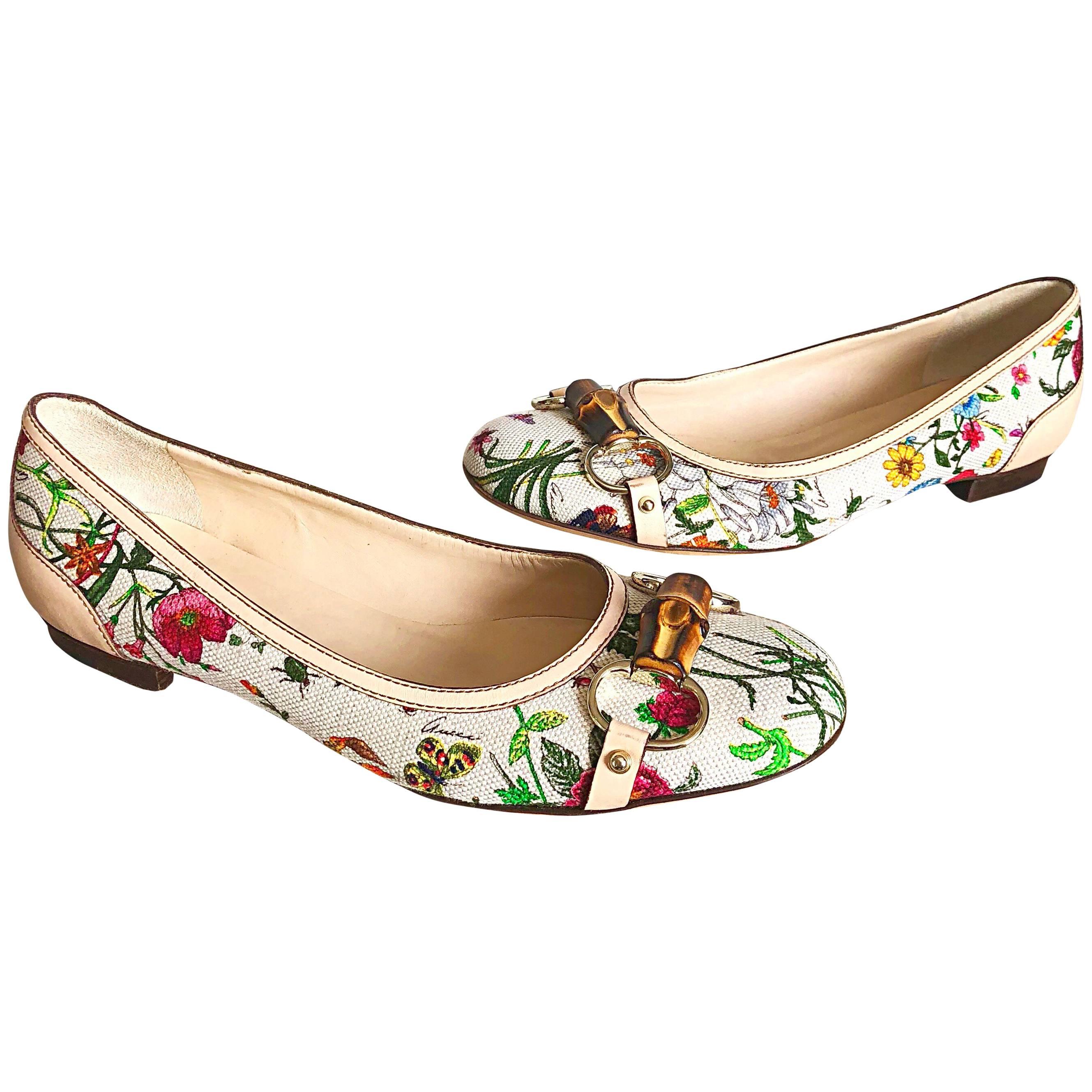 Gucci Size 37 / 7 Flora Print Canvas and Leather Ballet Flats Shoes 