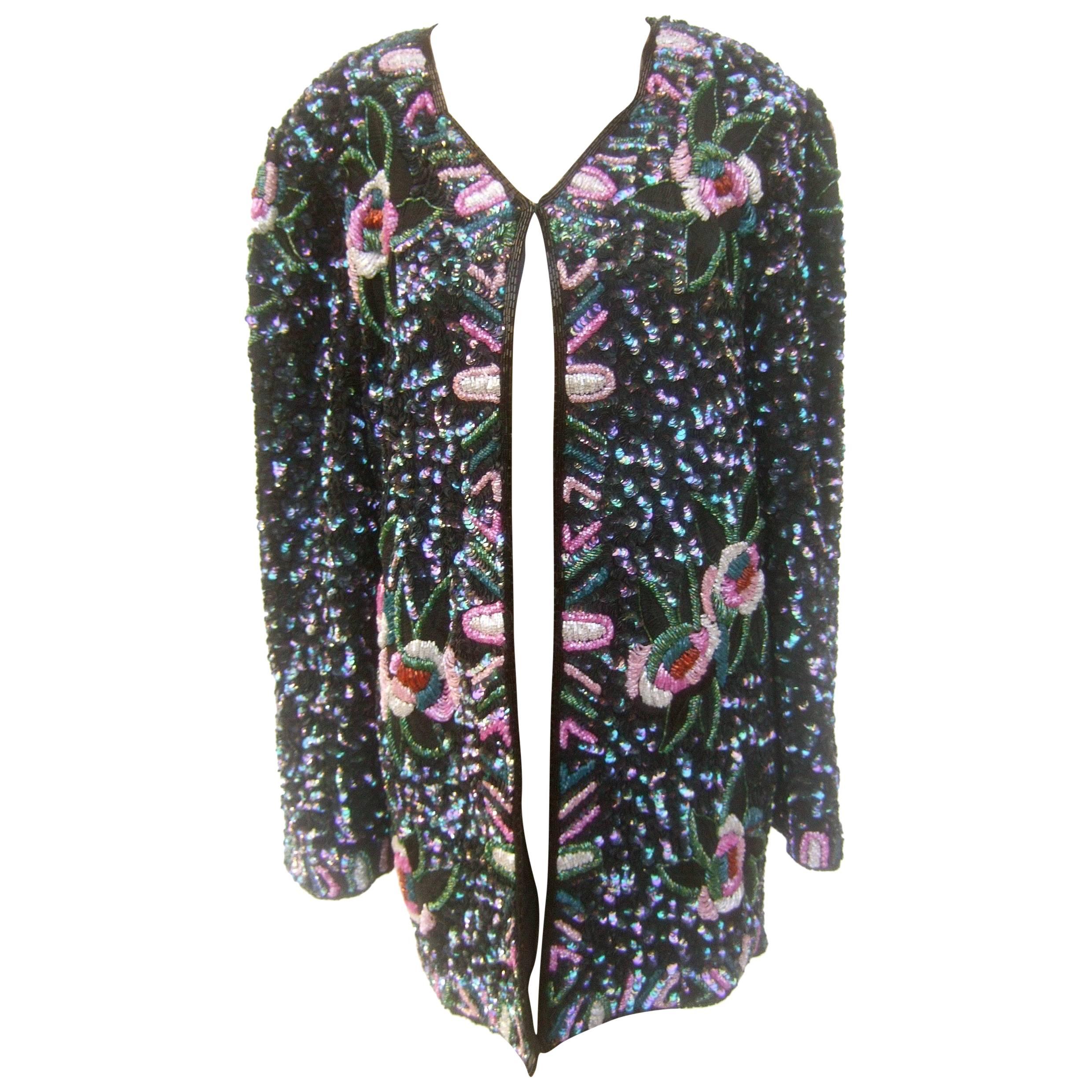 Silk Glass Beaded Sequined Evening Jacket for Saks Fifth Avenue c 1980s For Sale