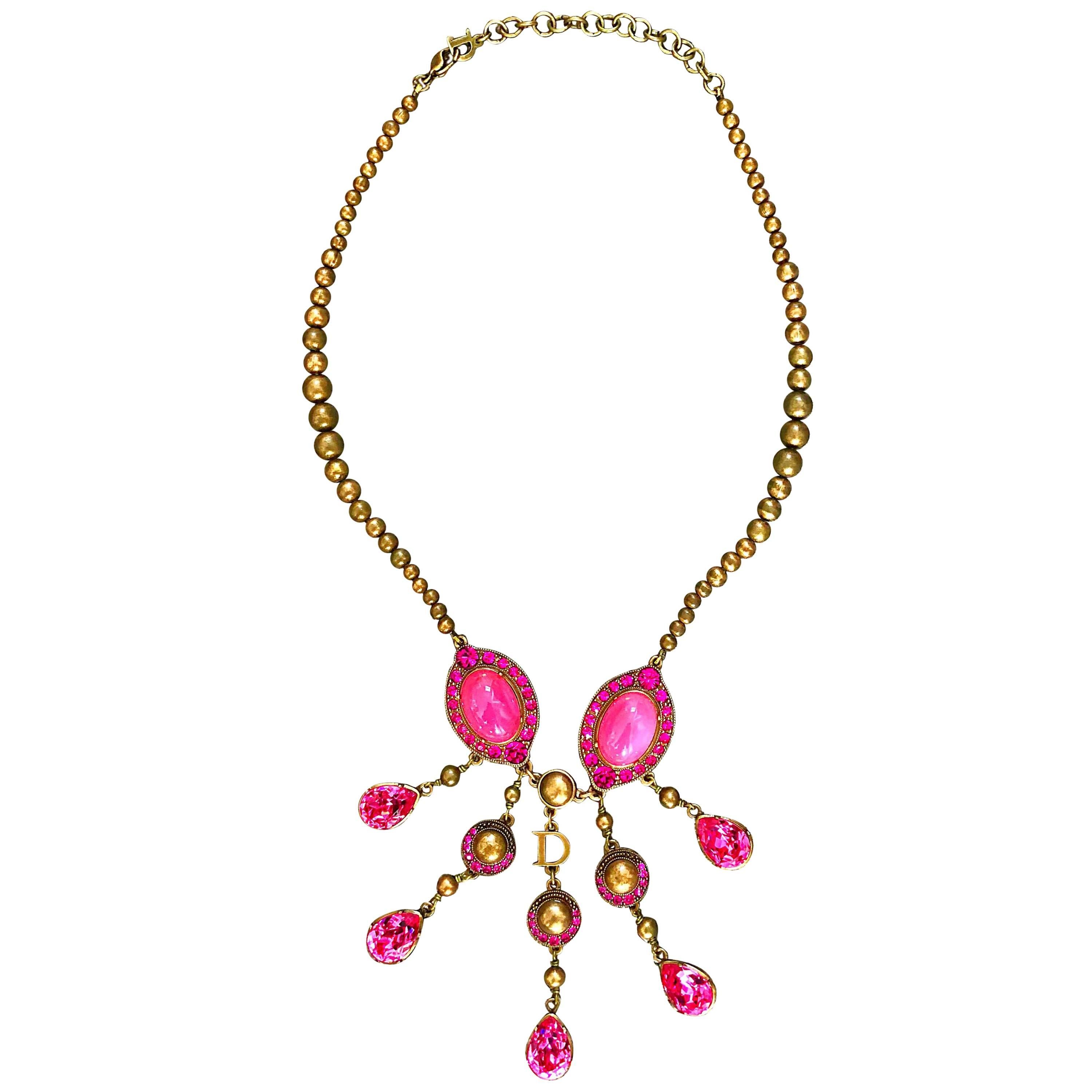 Christian Dior by John Galliano Pink and Gold Brass Rhinestone Vintage Necklace