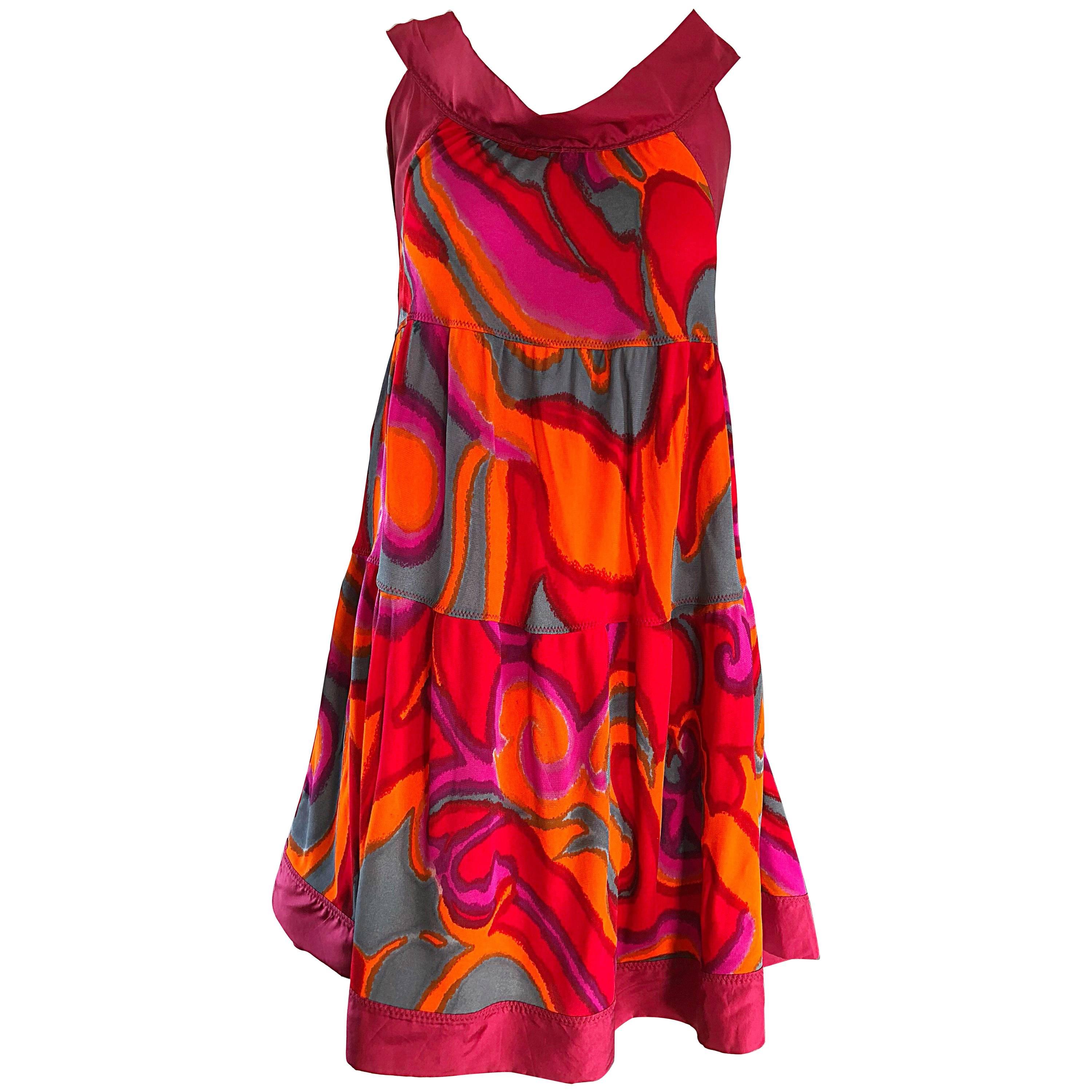 Missoni 1990s Hot Pink + Neon Orange + Gray Silk Jersey Vintage Trapeze Dress