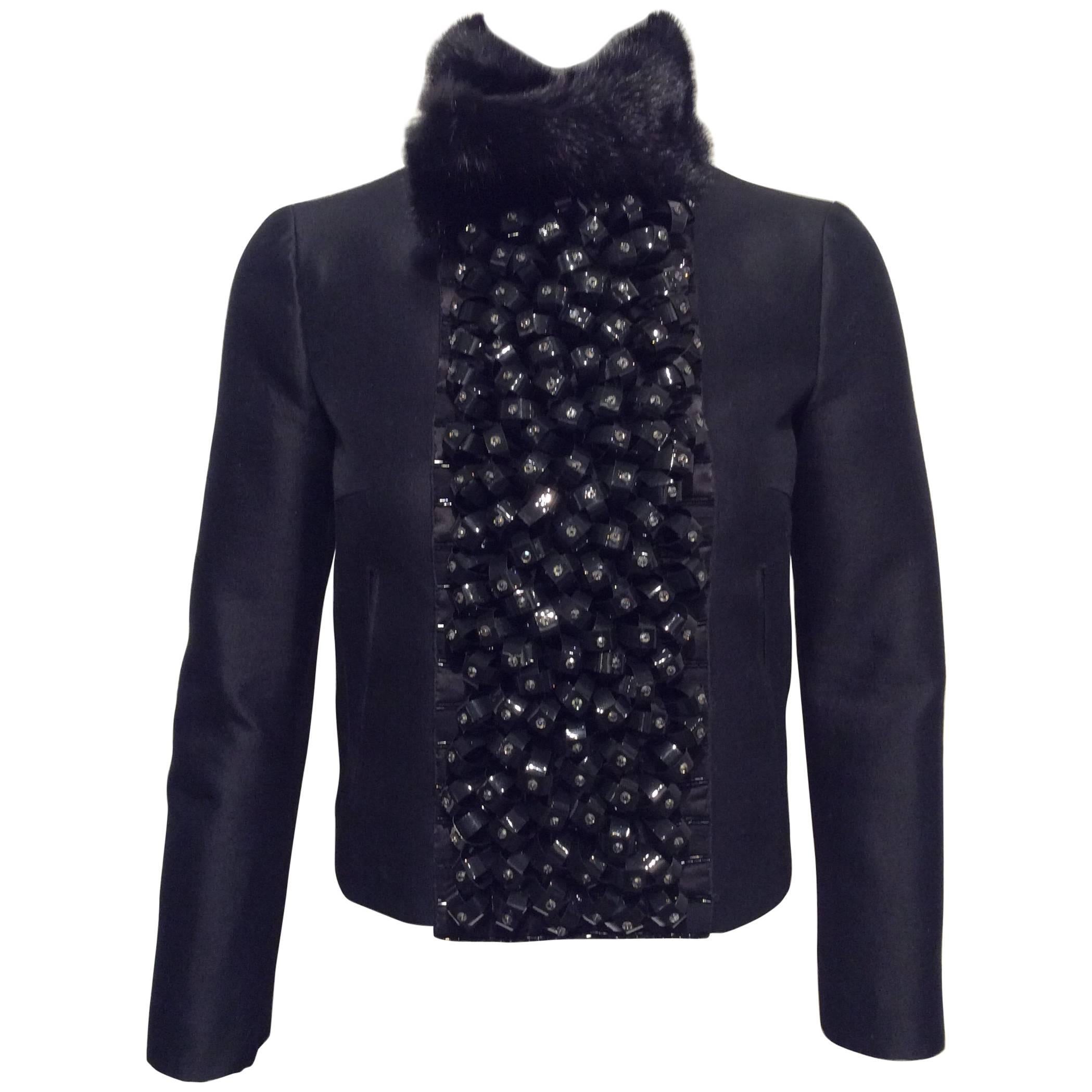 Dsquared Black Jacket With Embellished Front Panel And Mink Collar Sz 2