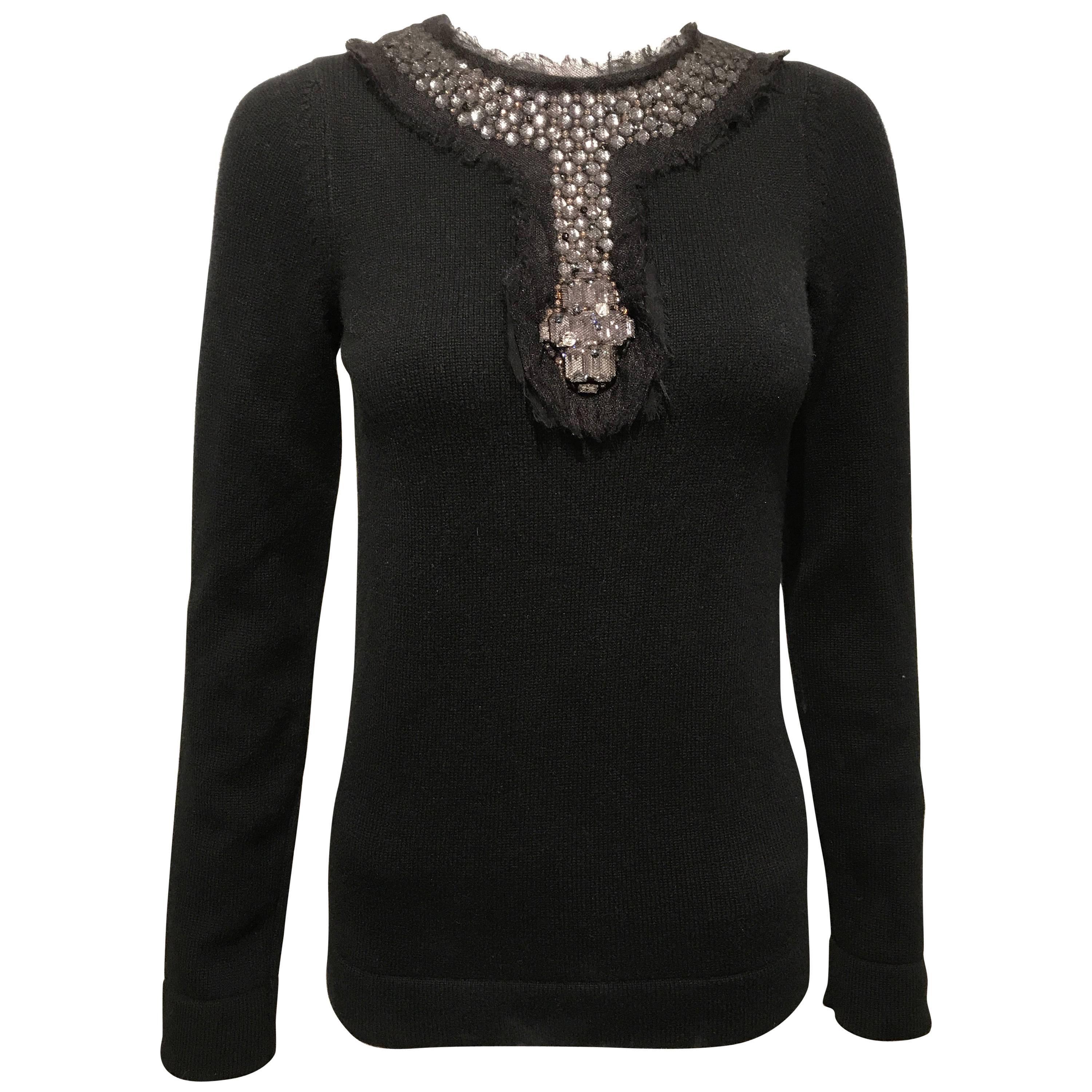 Chanel Black Cashmere Sweater With Jeweled Neckline Sz36 (Us4) For Sale