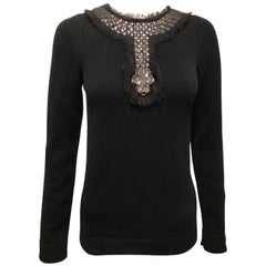 Chanel Black Cashmere Sweater With Jeweled Neckline Sz36 (Us4)