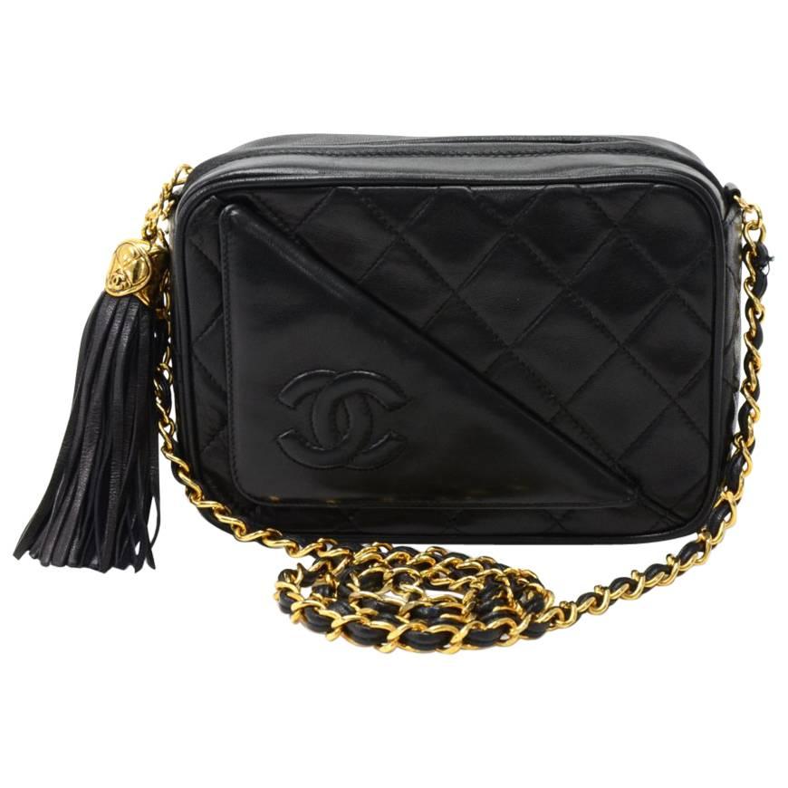 Vintage Chanel 7" Black Quilted Leather Tassel Pochette Shoulder Bag For Sale