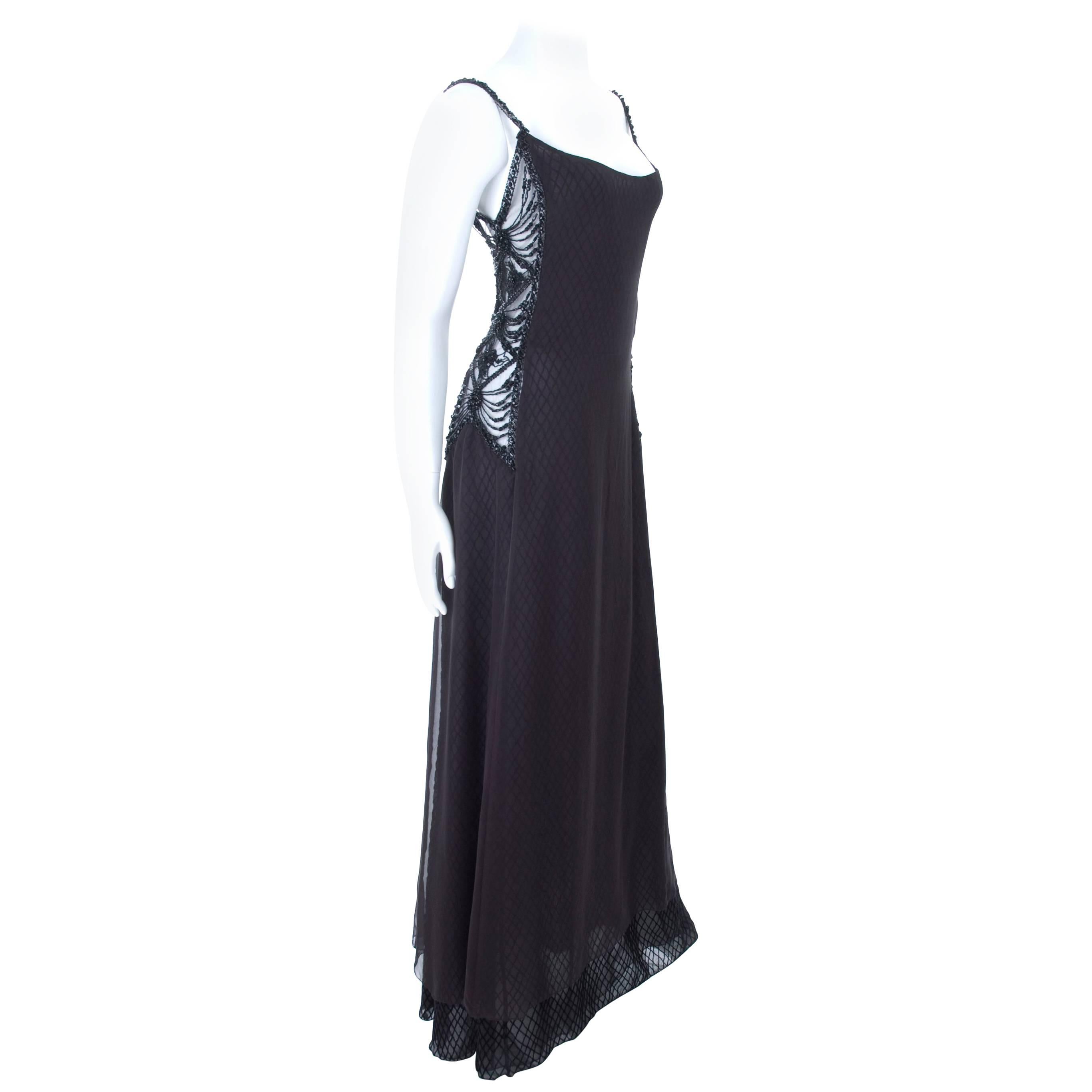 Vintage VALENTINO Chiffon Gown in Black with Beading For Sale