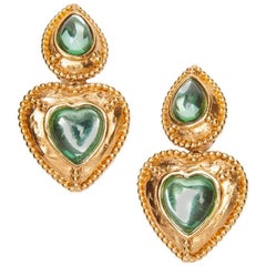 YVES SAINT LAURENT Vintage Clip-on Earrings in Gilt Metal and Light Green Resin
