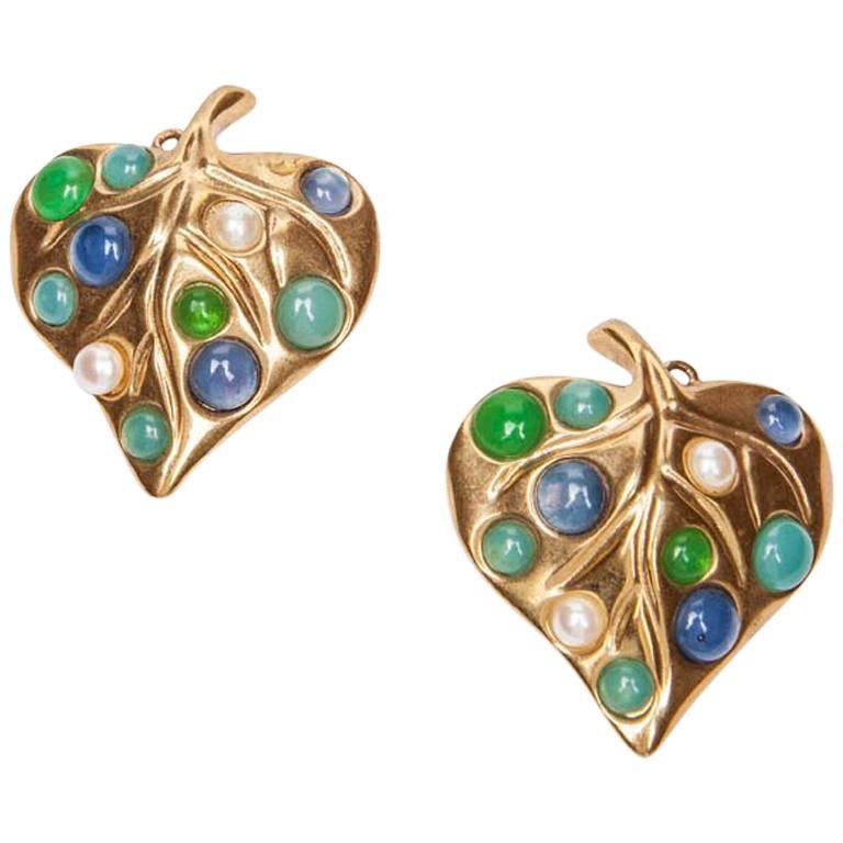 GIVENCHY Leaf Shaped Clip-on Earrings in Gilt Metal, Pearls and Molten Glass