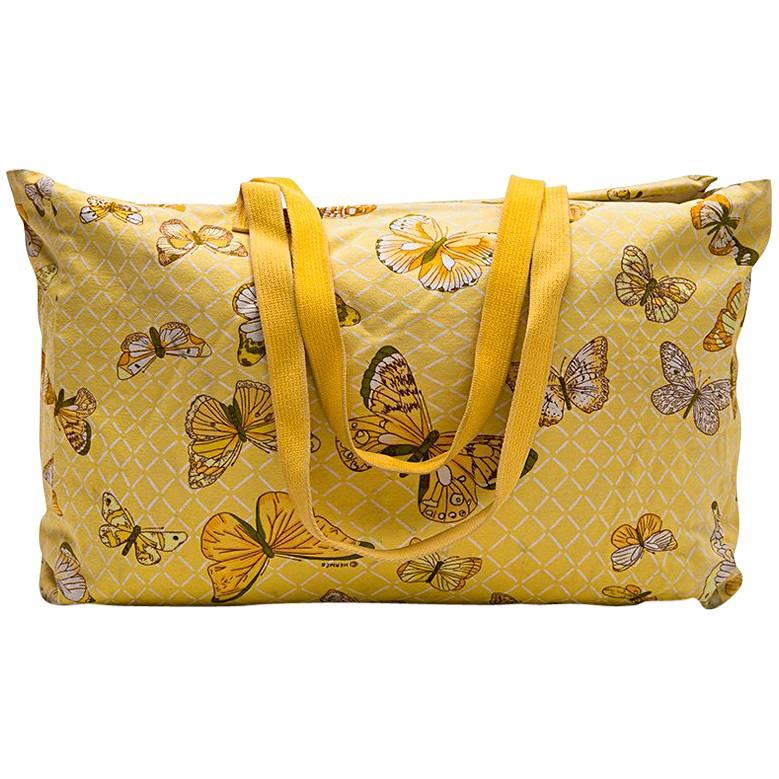 HERMES Vintage Beach Bag in Yellow Canvas With Butterflies Printed