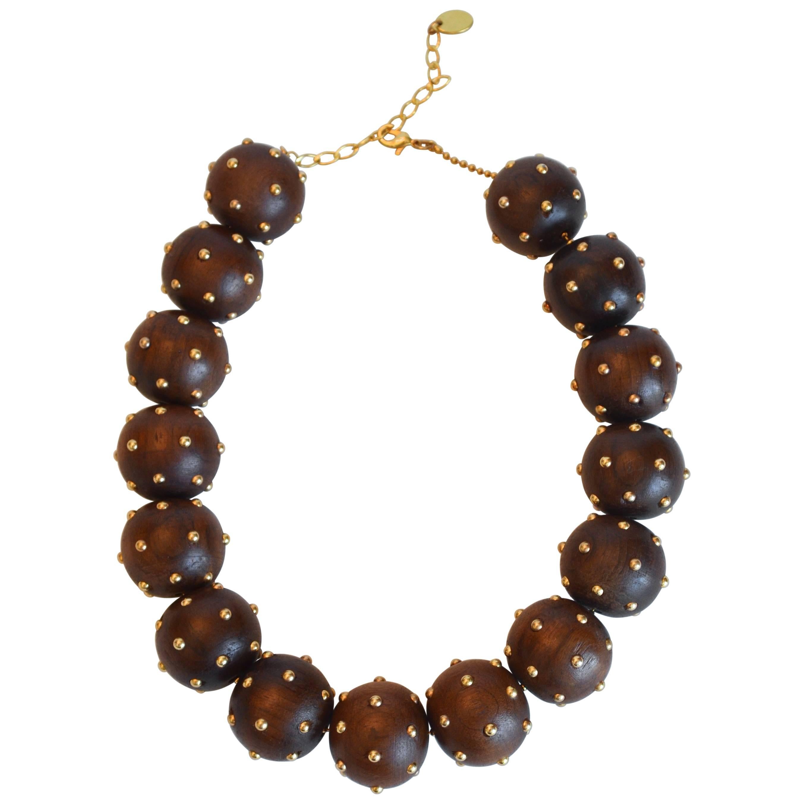 Vanda Jacintho Brazilian Walnut and Brass Ball Necklace