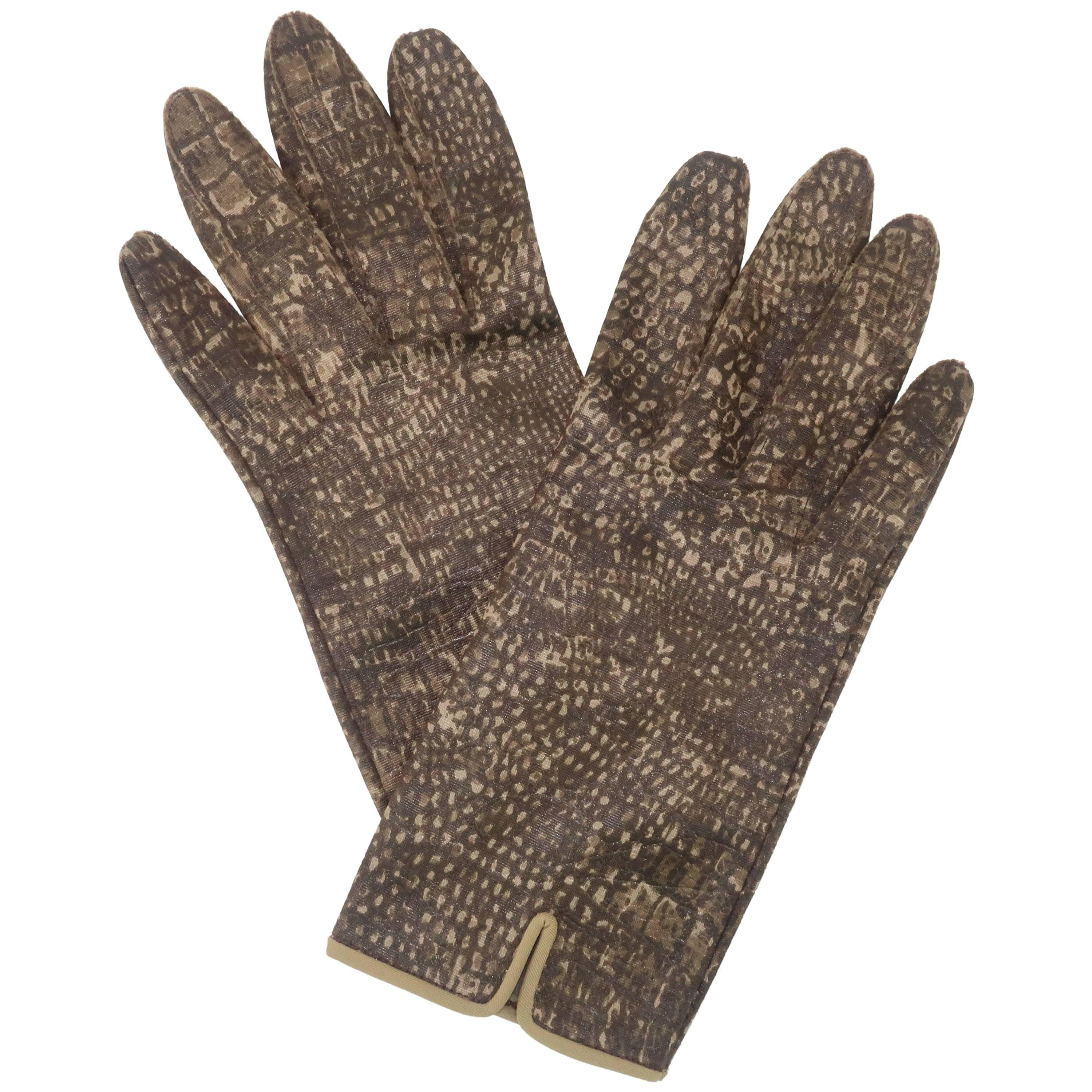 Alligator Printed Brown Fabric Gloves, 1960s 