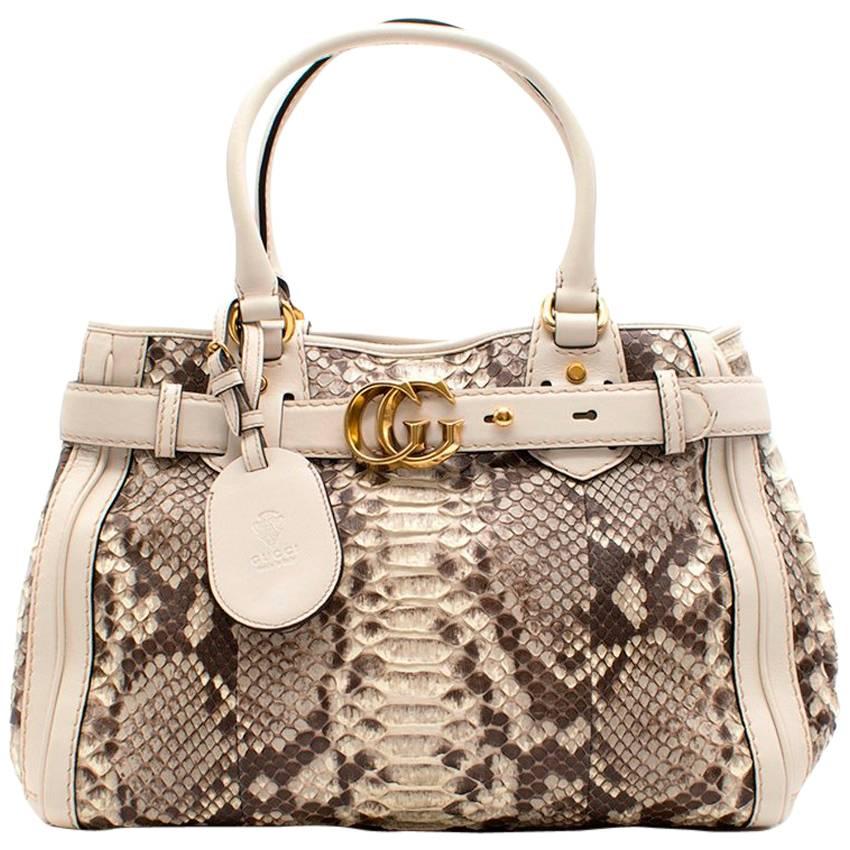 Gucci Brown and Cream Python GG Running Large Satchel Bag For Sale