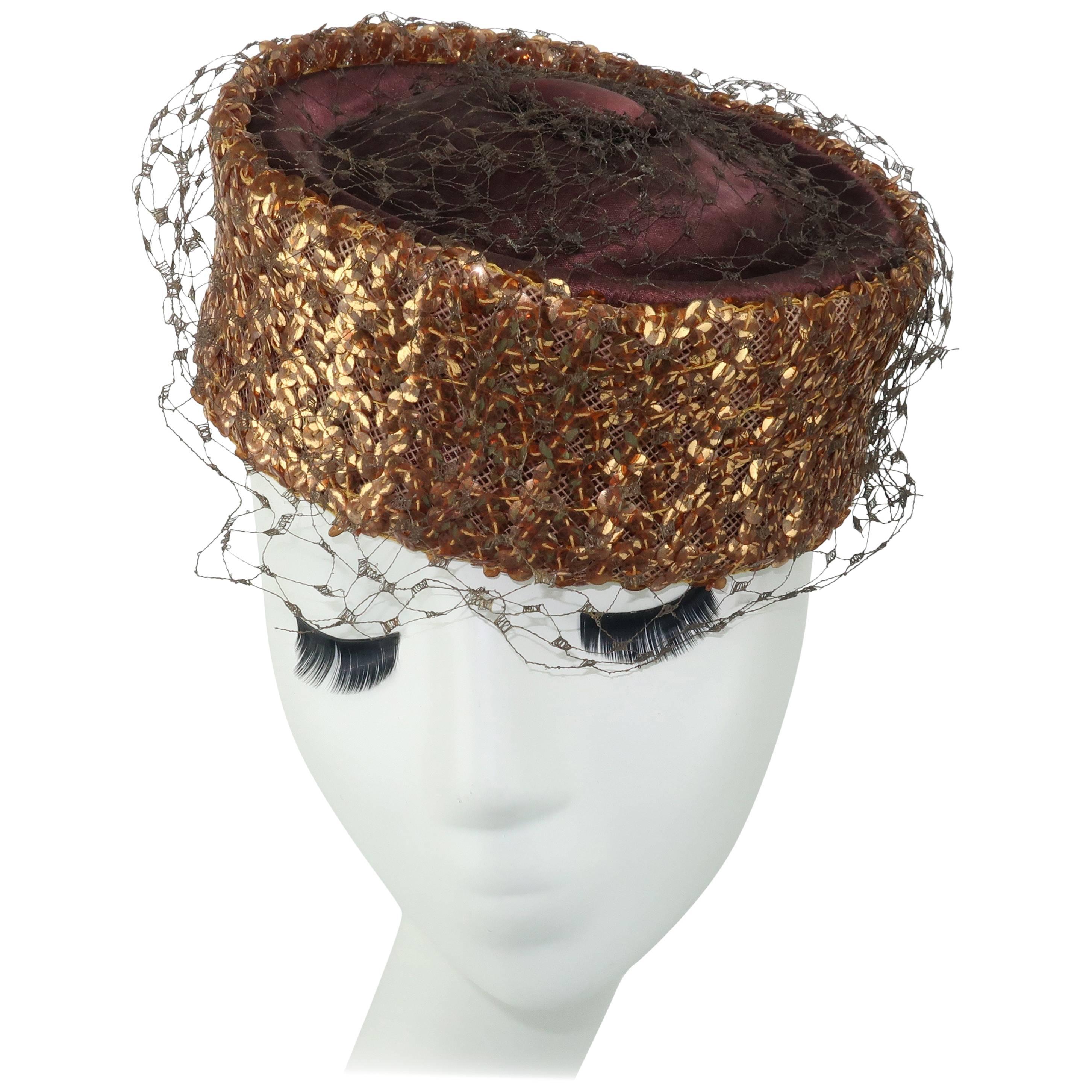 Copper Sequin Brown Satin Pillbox Hat, 1950s 