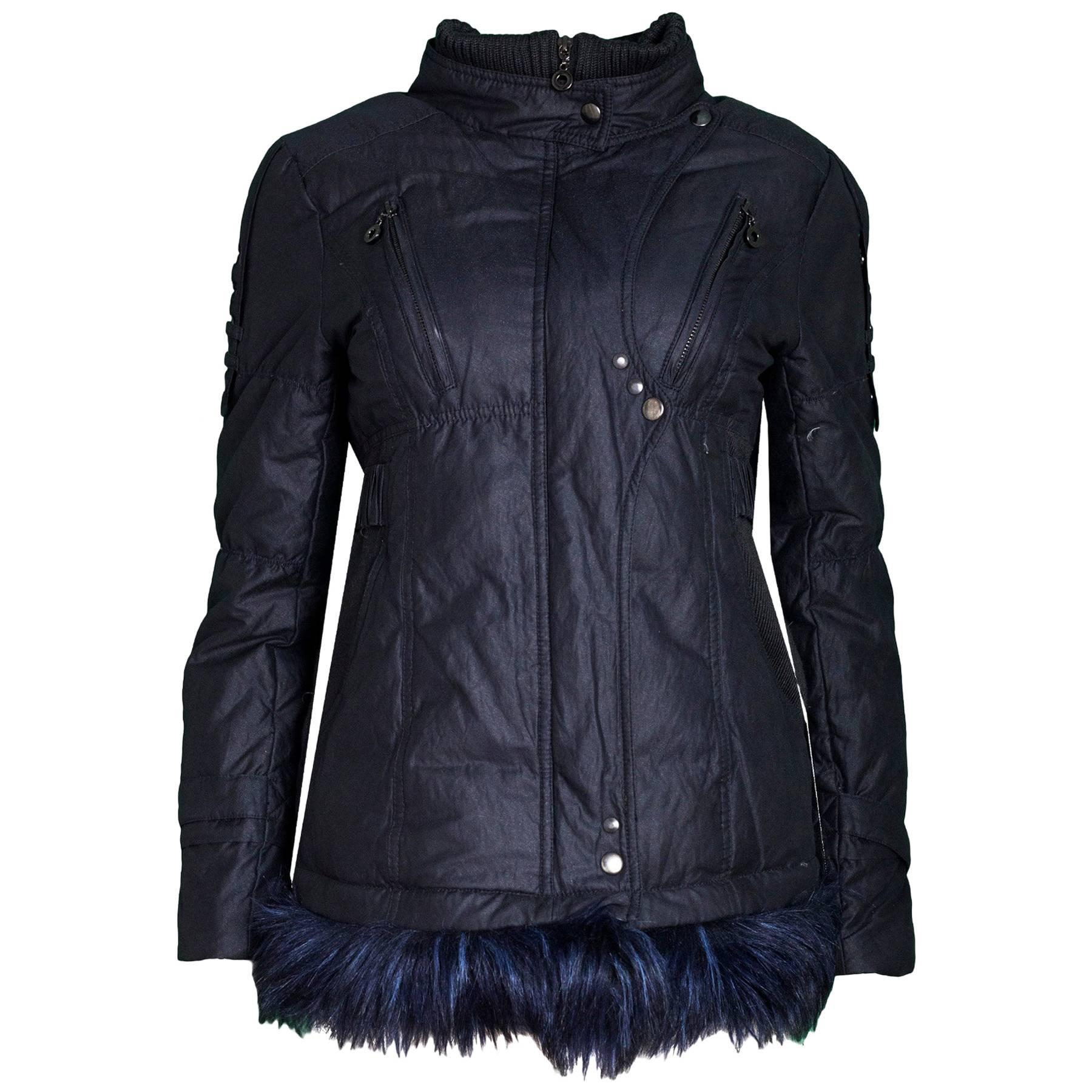 Navy Metallic Zip Jacket with Fur Trim