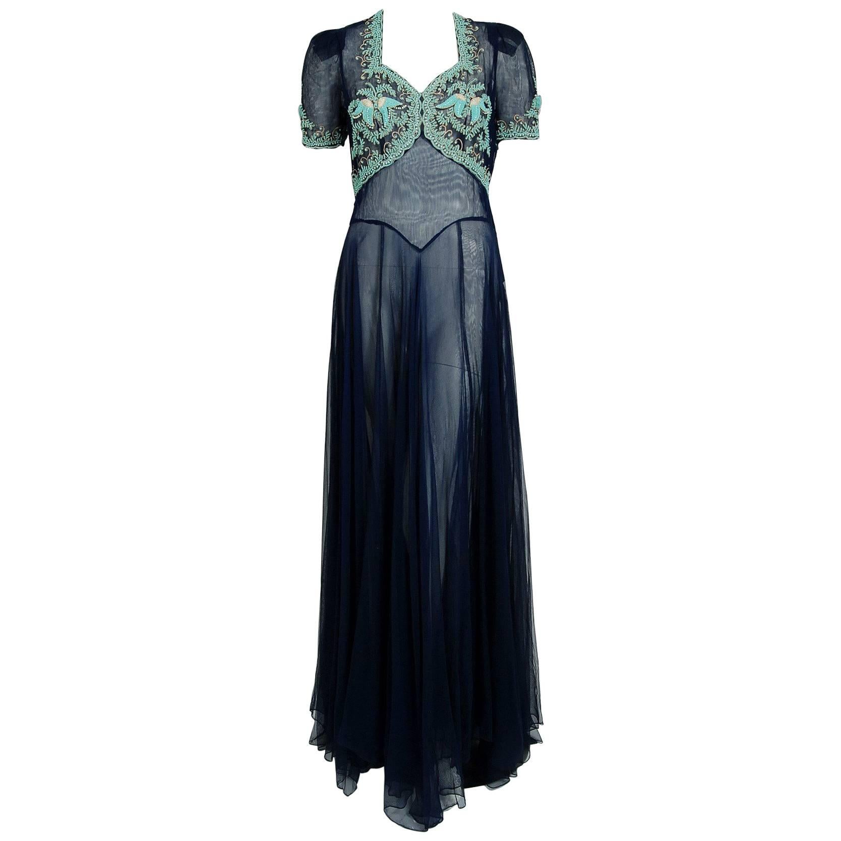 1930's Navy Blue Couture Beaded Embroidered Sheer Net Puff Sleeve Bias-Cut Gown