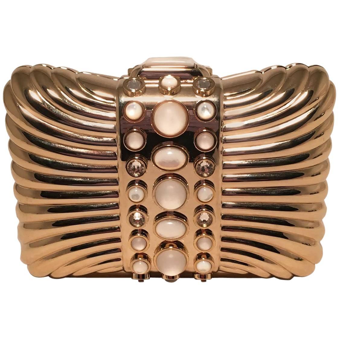 Judith Leiber Vintage Gold Box Clutch with Pearl Details