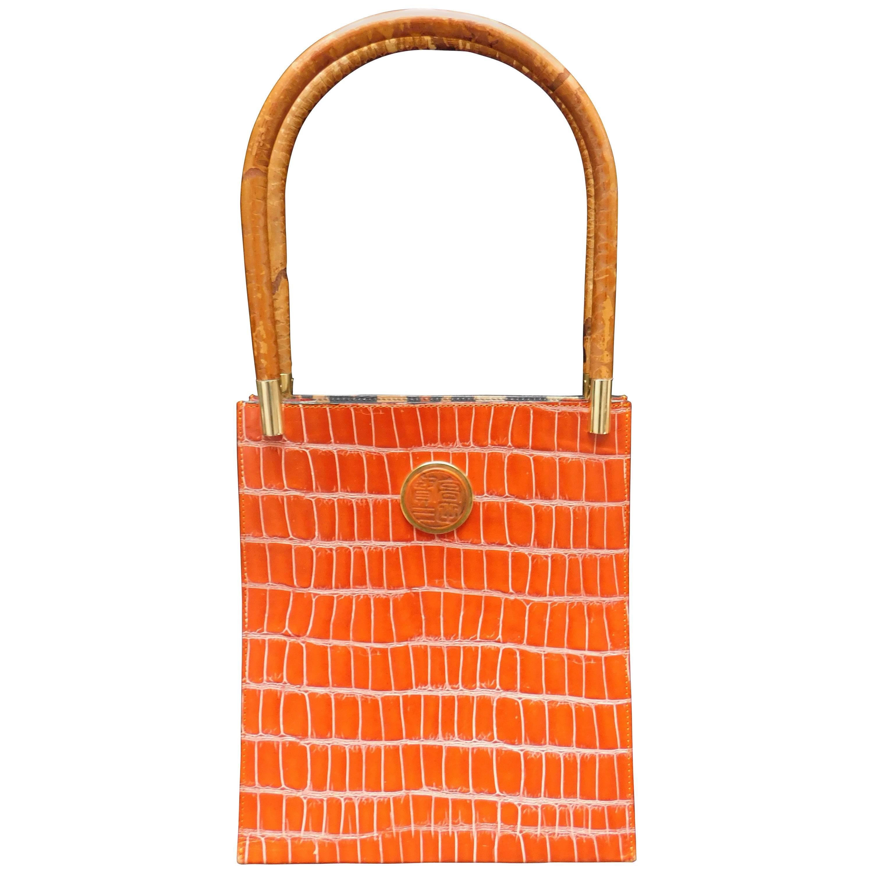 Kenzo Orange Embossed Leather Handbag with Bamboo Handles, 1980s 