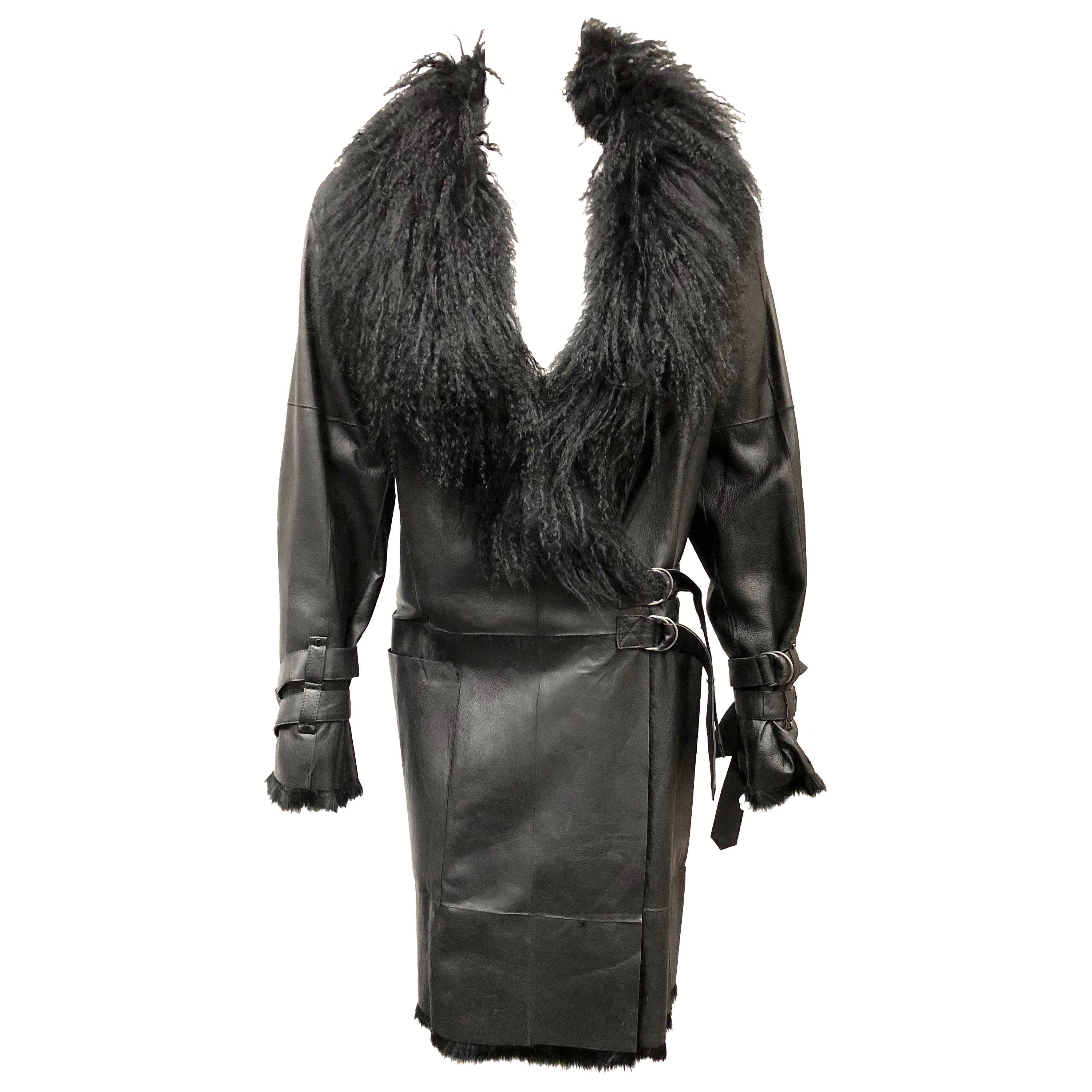 Plein Sud Black Leather and Fur Coat, Size 38 For Sale