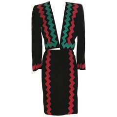 Yves Saint Laurent Suede Black Red Green Purple Zig Zag Skirt Suit Jacket, 1990s