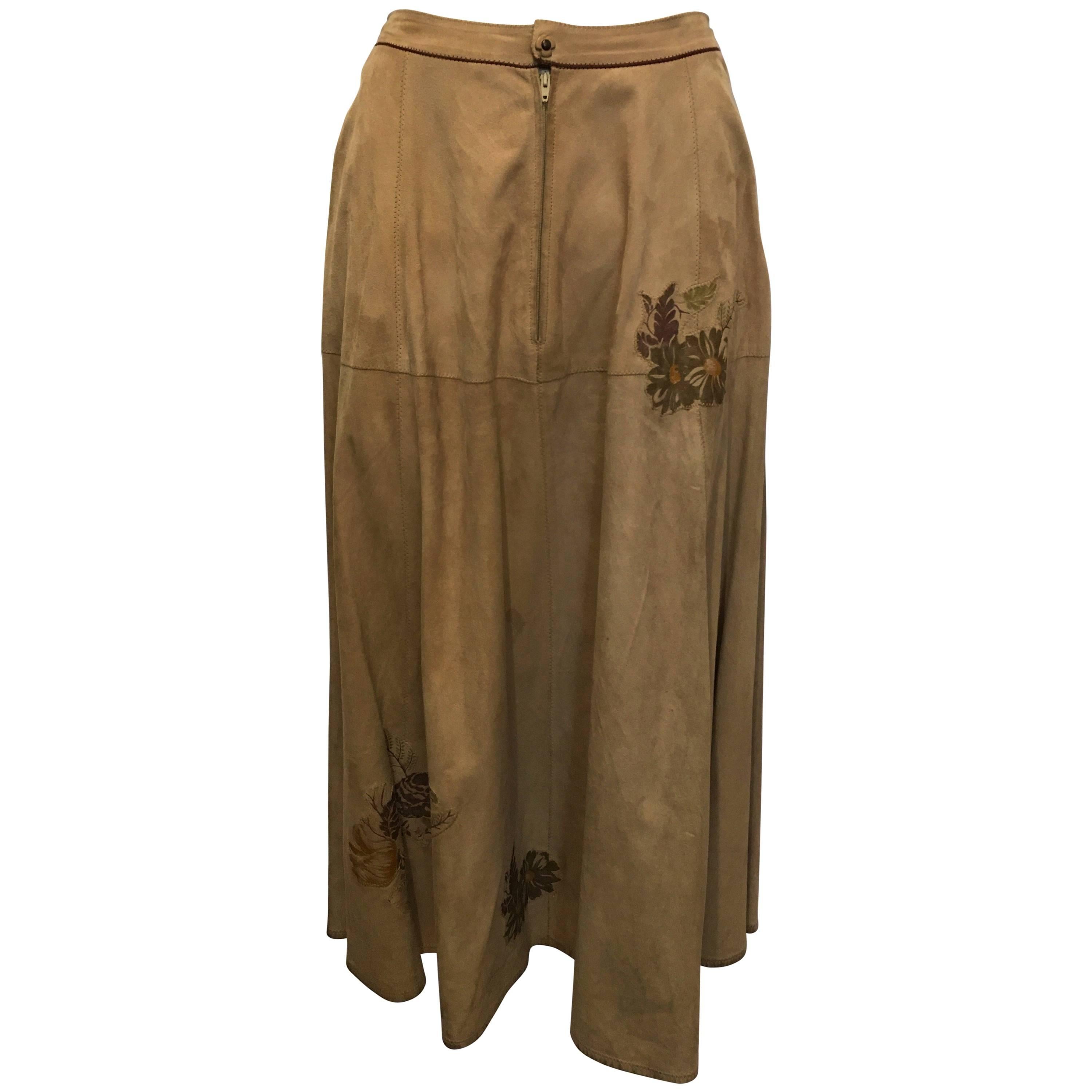 Roberto Cavalli Floral Suede Skirt, 1970s  For Sale
