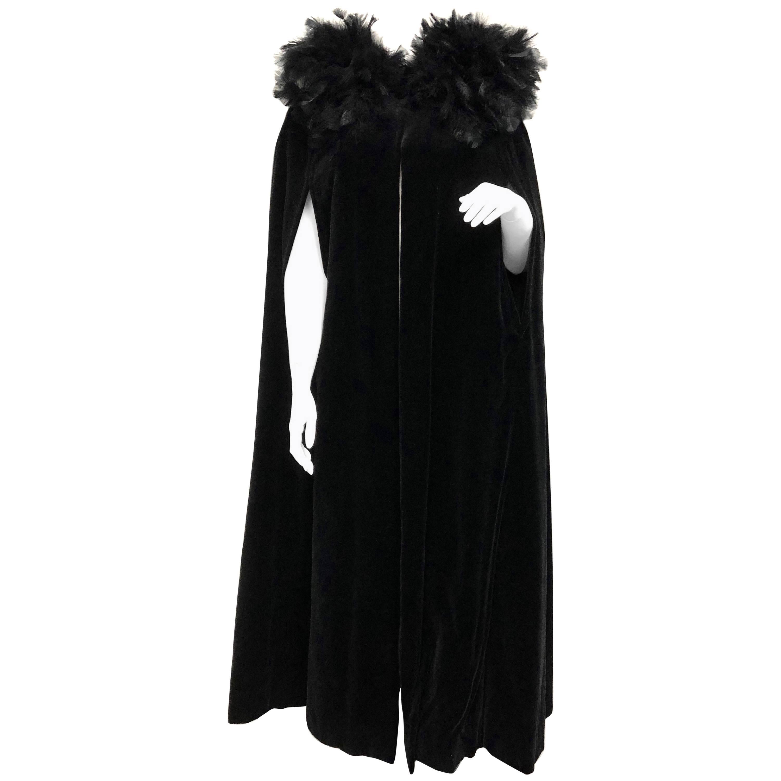 French Vintage Full Length Black Velvet and Feather Cape For Sale