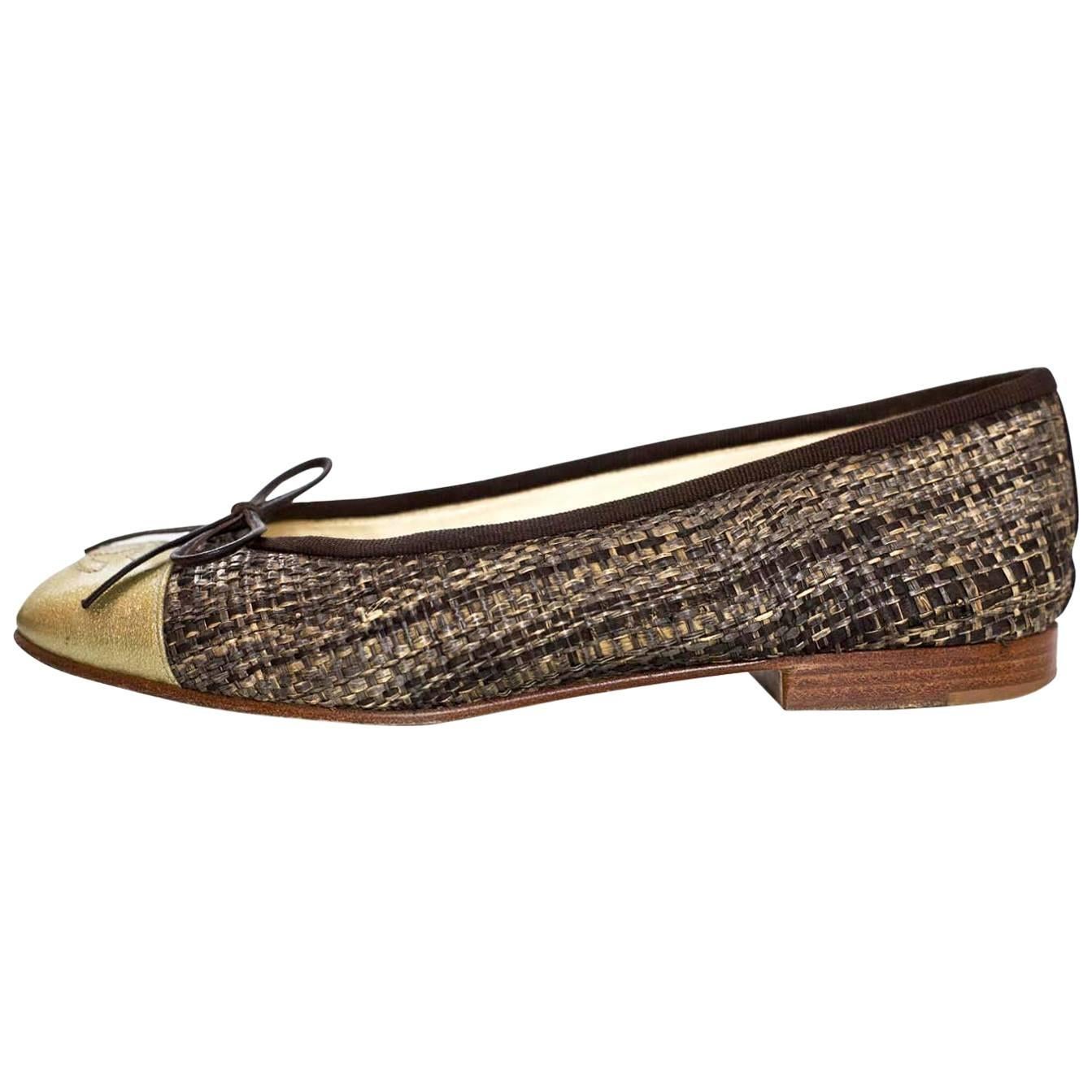 Chanel Brown Woven CC Cap-Toe Flats Sz 36 with DB