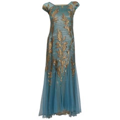 1930's French Couture Metallic-Gold Lamé Leaf Motif Blue Bias-Cut Evening Dress