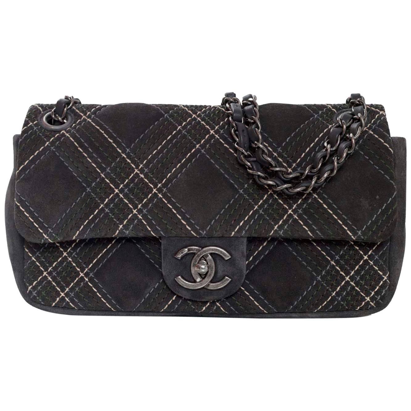 Chanel '13 Grey Suede Paris/Edinburg Saltire Stitch Flap Bag with Auth Card, Box