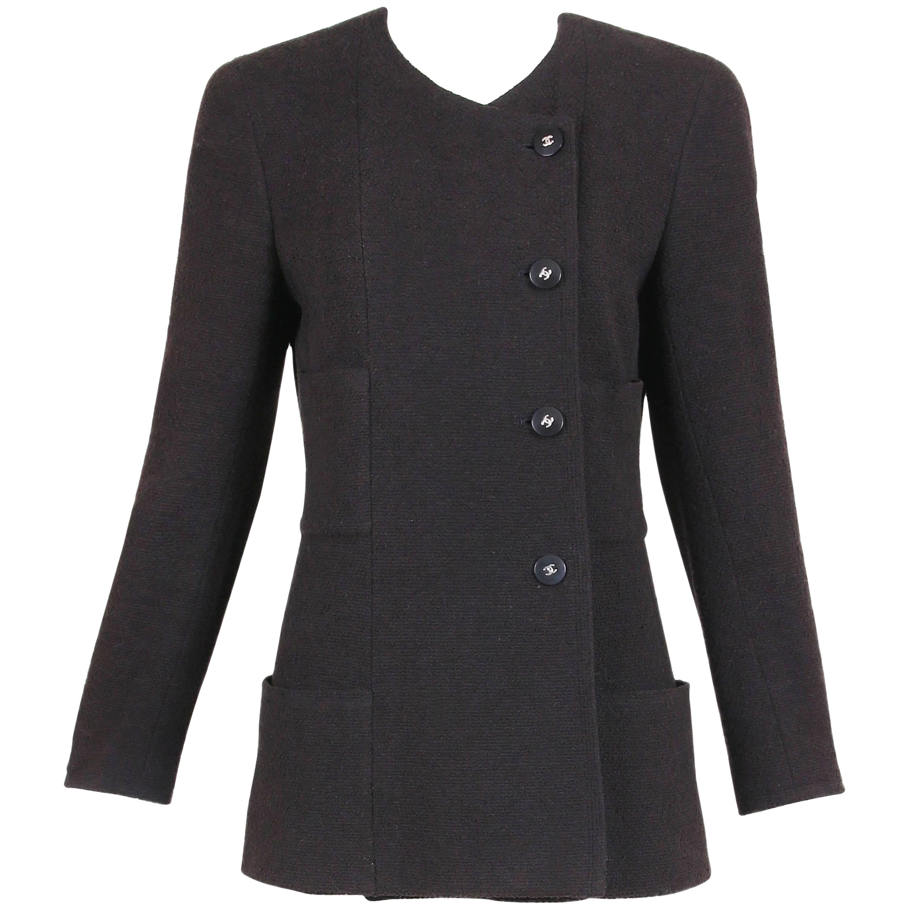 1998C Chanel Black Cotton Boucle Jacket w/Frontal Pockets & CC Logo Buttons