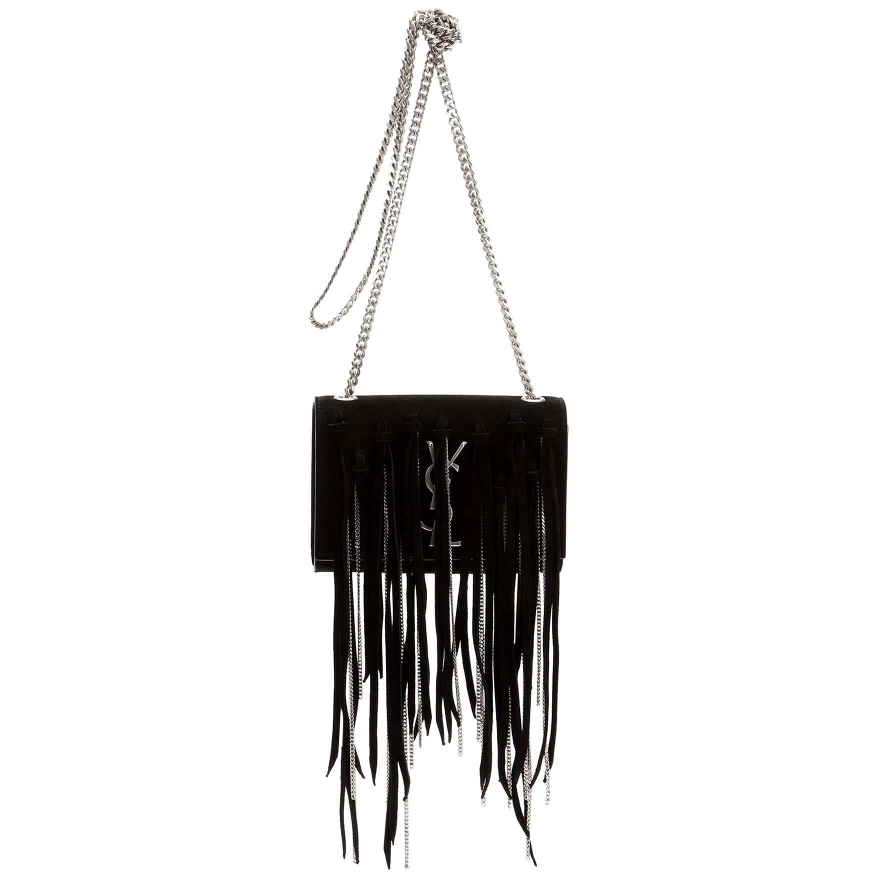 Saint Laurent Black Suede Embellished Fringe Small Monogram Kate Crossbody Bag