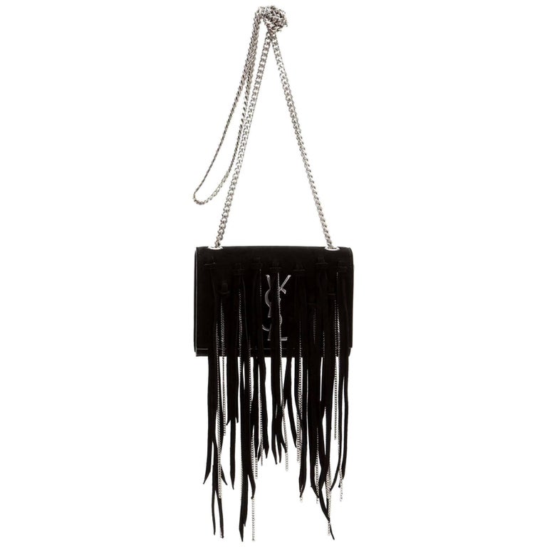 Saint Laurent Monogram Small Zip-Top Fringe Heart Bag - Black