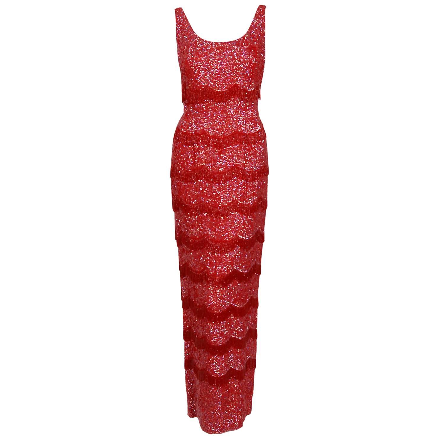 1950's Louis Haftel Cherry Red Sequin Silk Beaded Fringe Hourglass Evening Gown