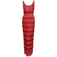 Vintage 1950's Louis Haftel Cherry Red Sequin Silk Beaded Fringe Hourglass Evening Gown