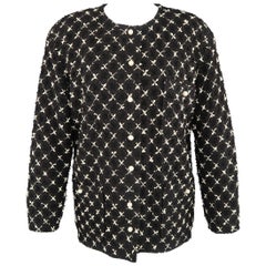 Chanel Vintage Black and White X Print Boucle Pearl Button Collarless Jacket 
