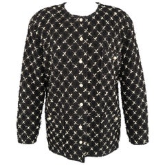Chanel Vintage Black and White X Print Boucle Pearl Button Collarless Jacket