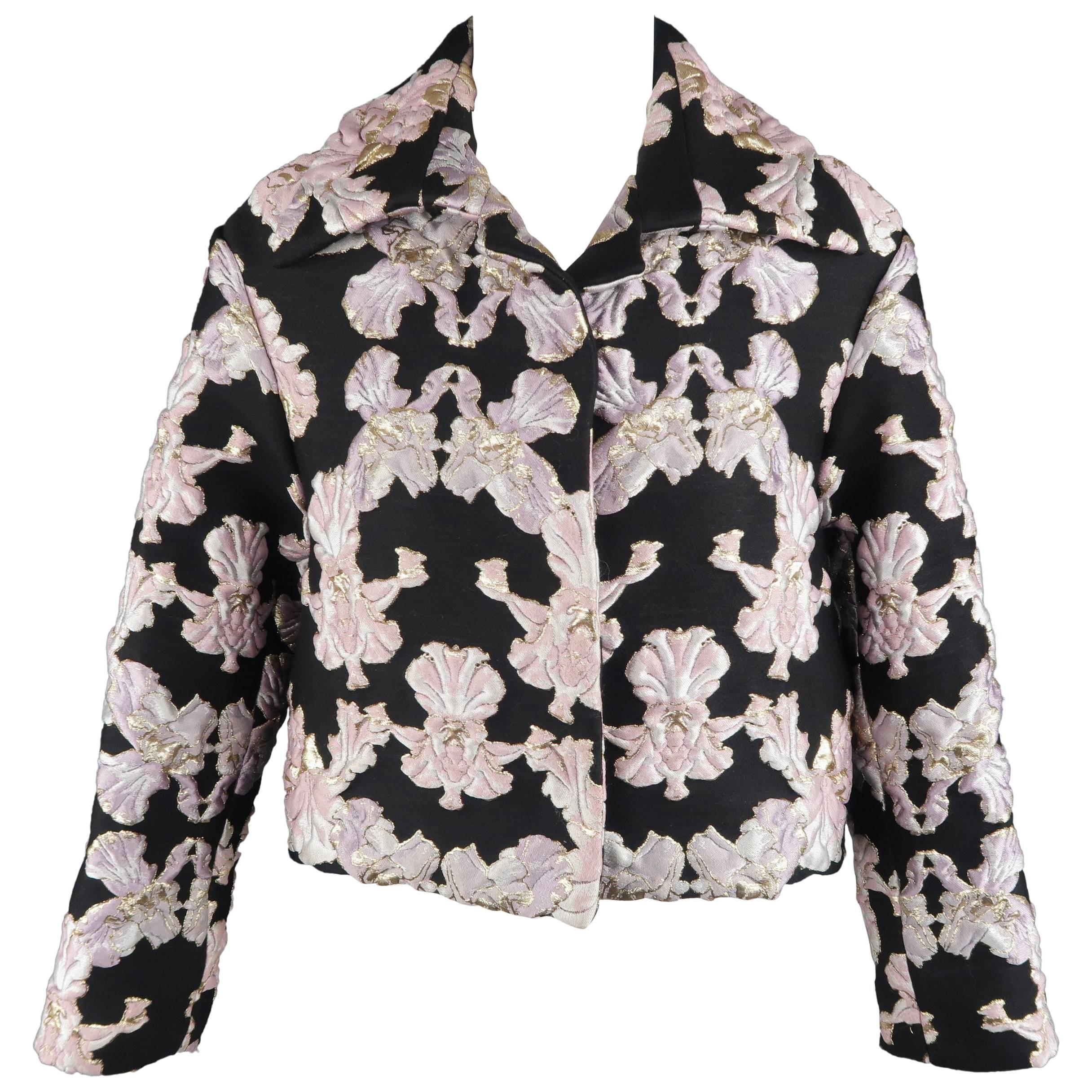FRANCESCO SCOGNAMIGLIO Size 2 Black & Pink FLoral Brocade Silk Blend Crop Jacket