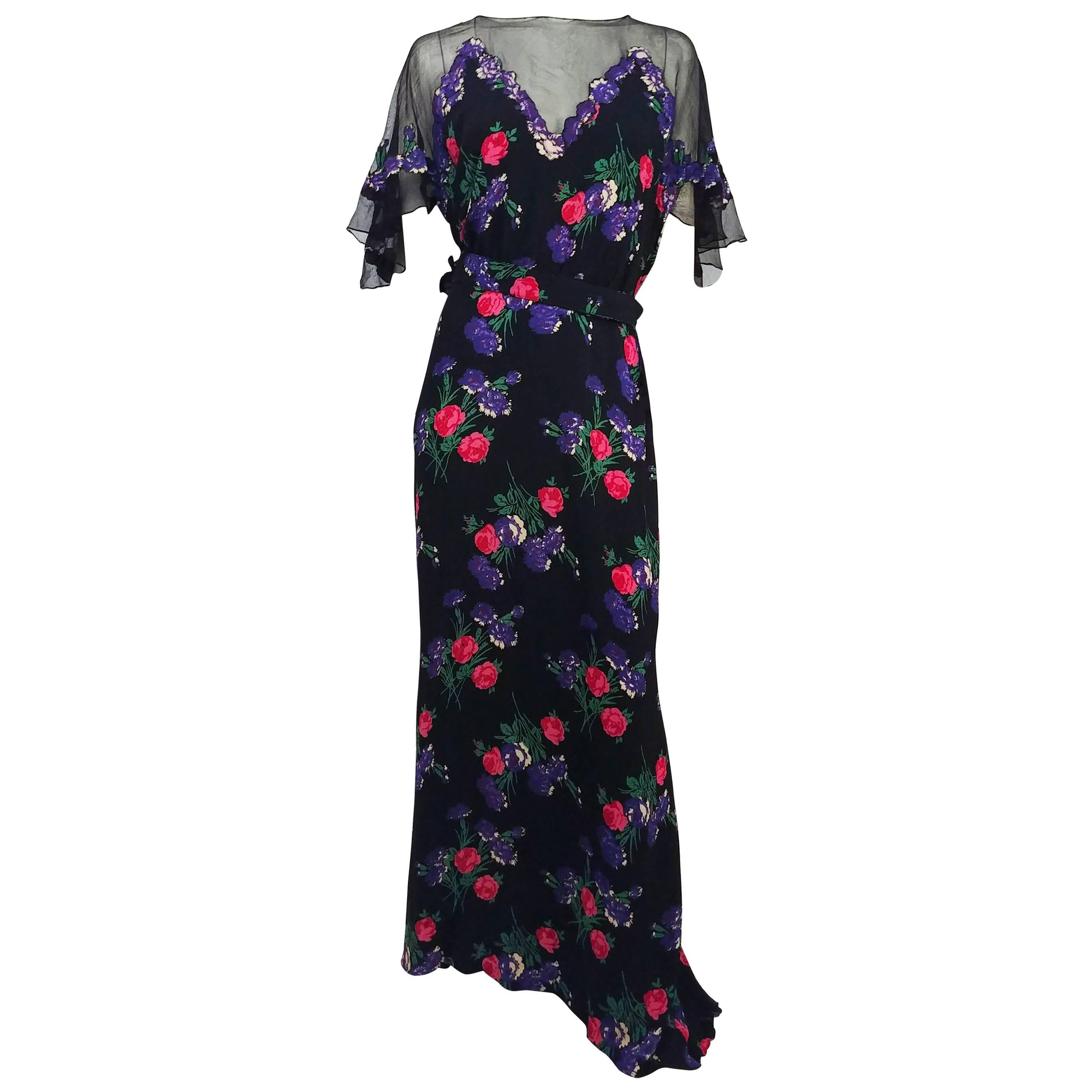 1930s Black Mesh Flower Print Dress For Sale