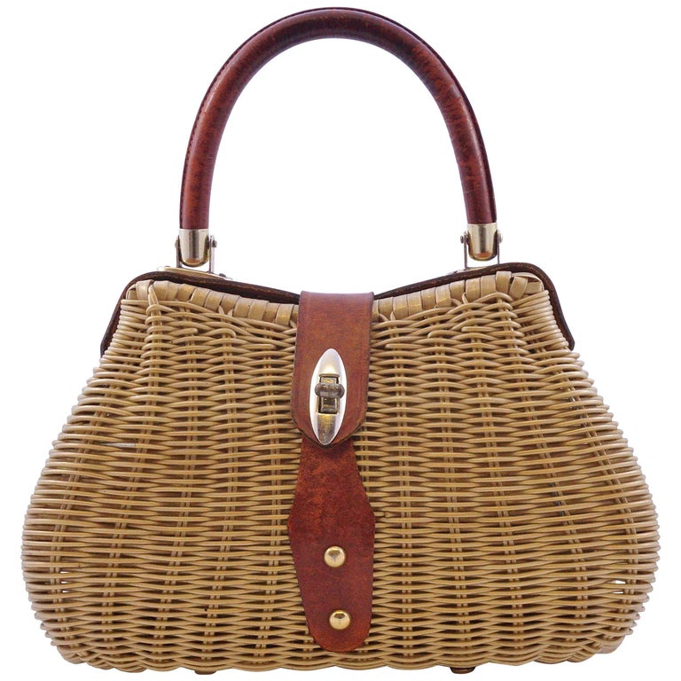 British Hong Kong Wicker and Leather Handbag, 1960s