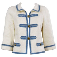 Chanel 2007 Timeless White Boucle Denim Trimmed Jacket with Logo Buttons