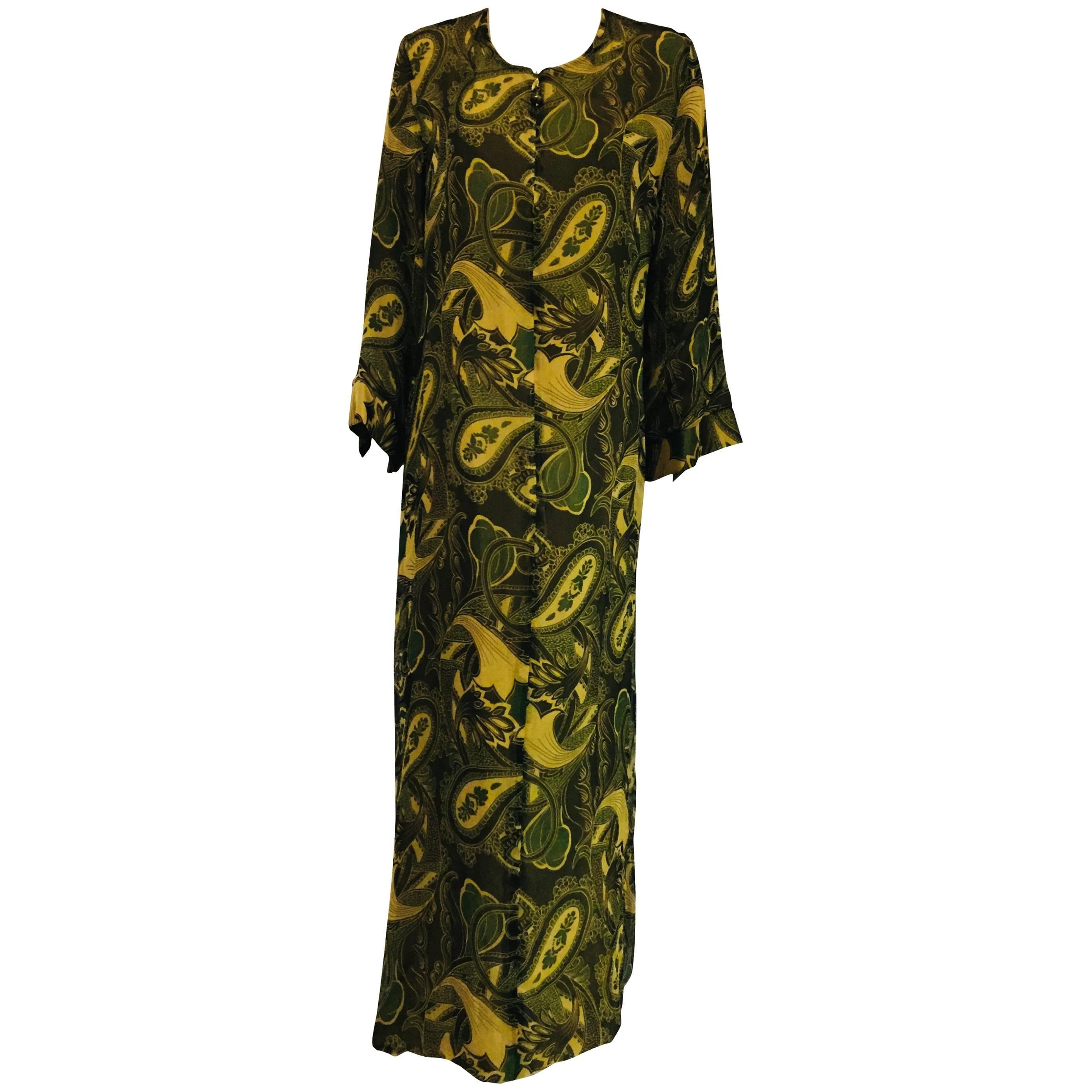 Cal Hon Hall Silk Chiffon Caftan in Green Tones and Floral Print For Sale