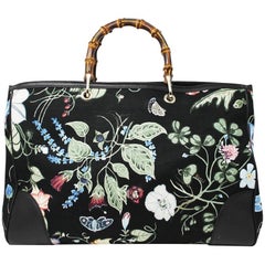 Gucci Kris Knight Black Canvas Floral Bamboo Tote Handbag