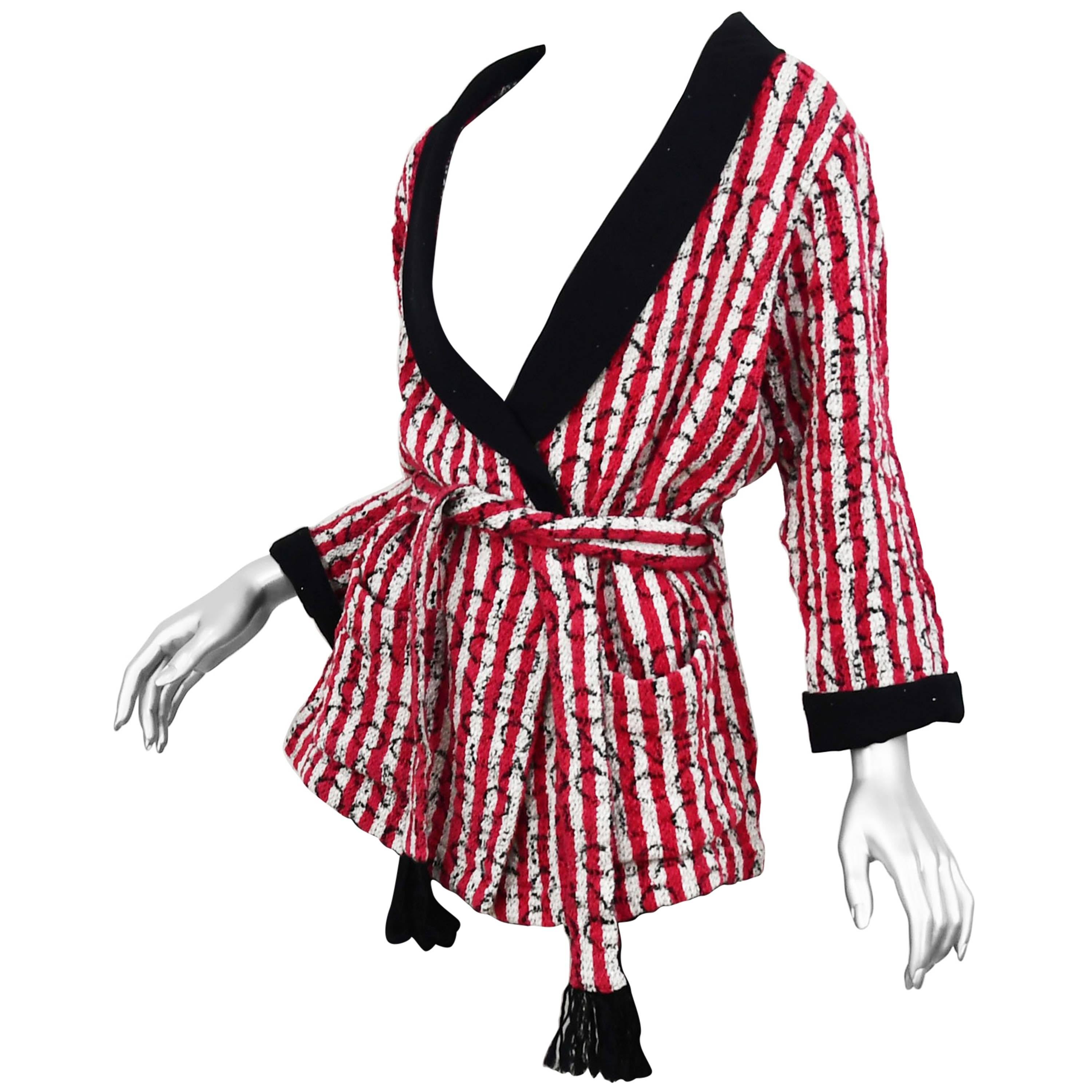 Chanel Red/White Stripe Jacket with Black Trim and Embossed "Coco Chanel" logo For Sale