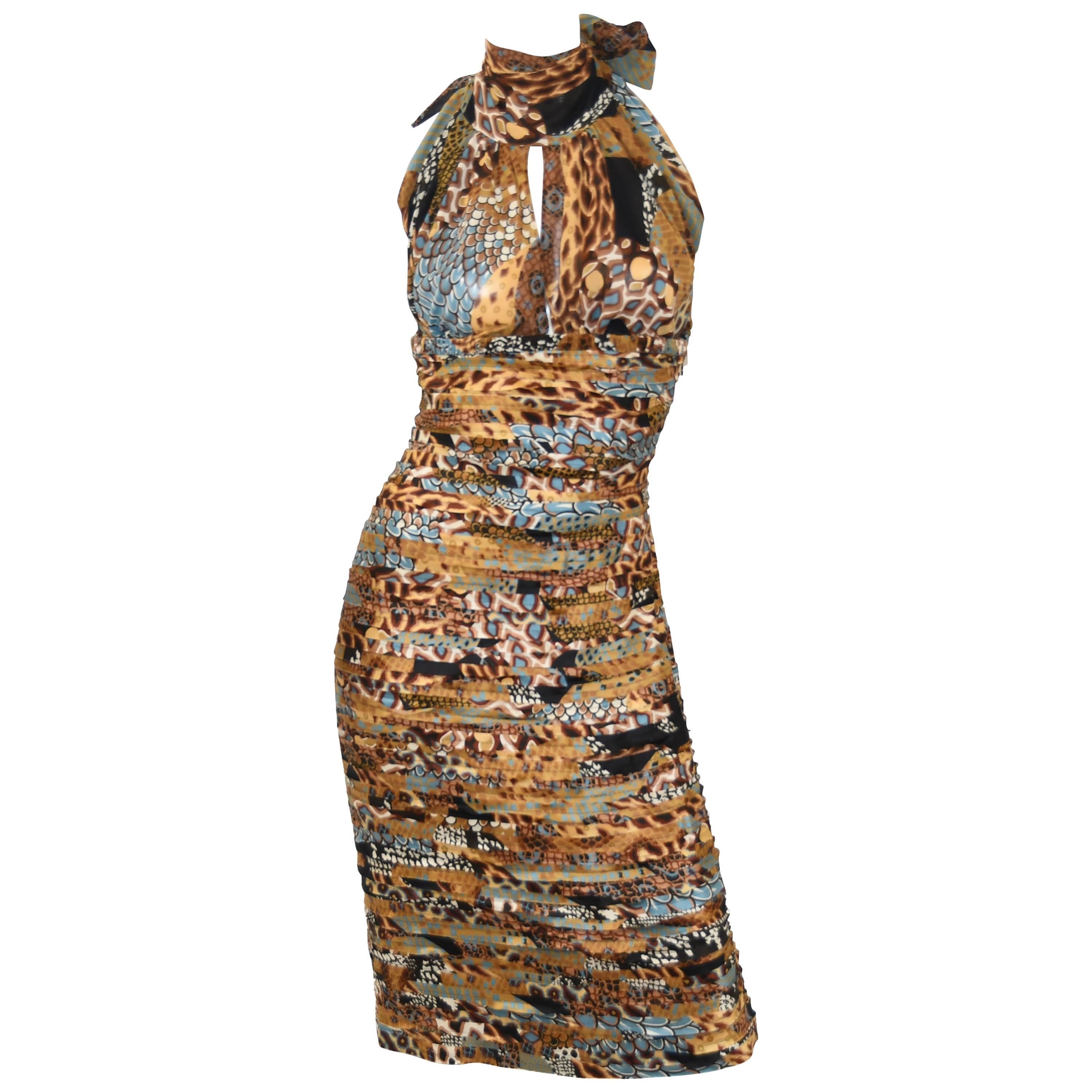 Versace Halter Dress in Browns and Turquoise For Sale