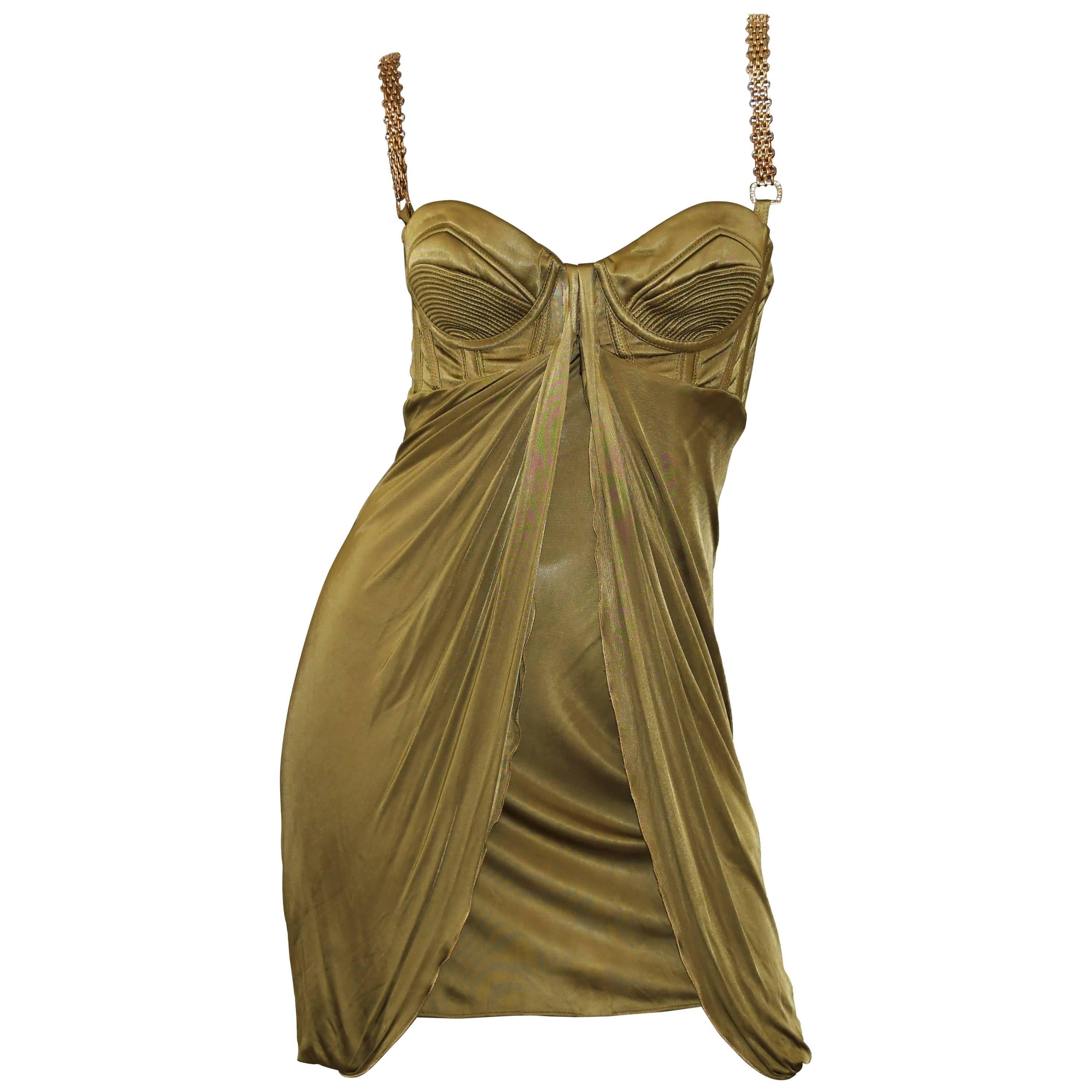 Versace Chain Embellished Olive Corset Cocktail Dress, Size 40 & 44 For Sale