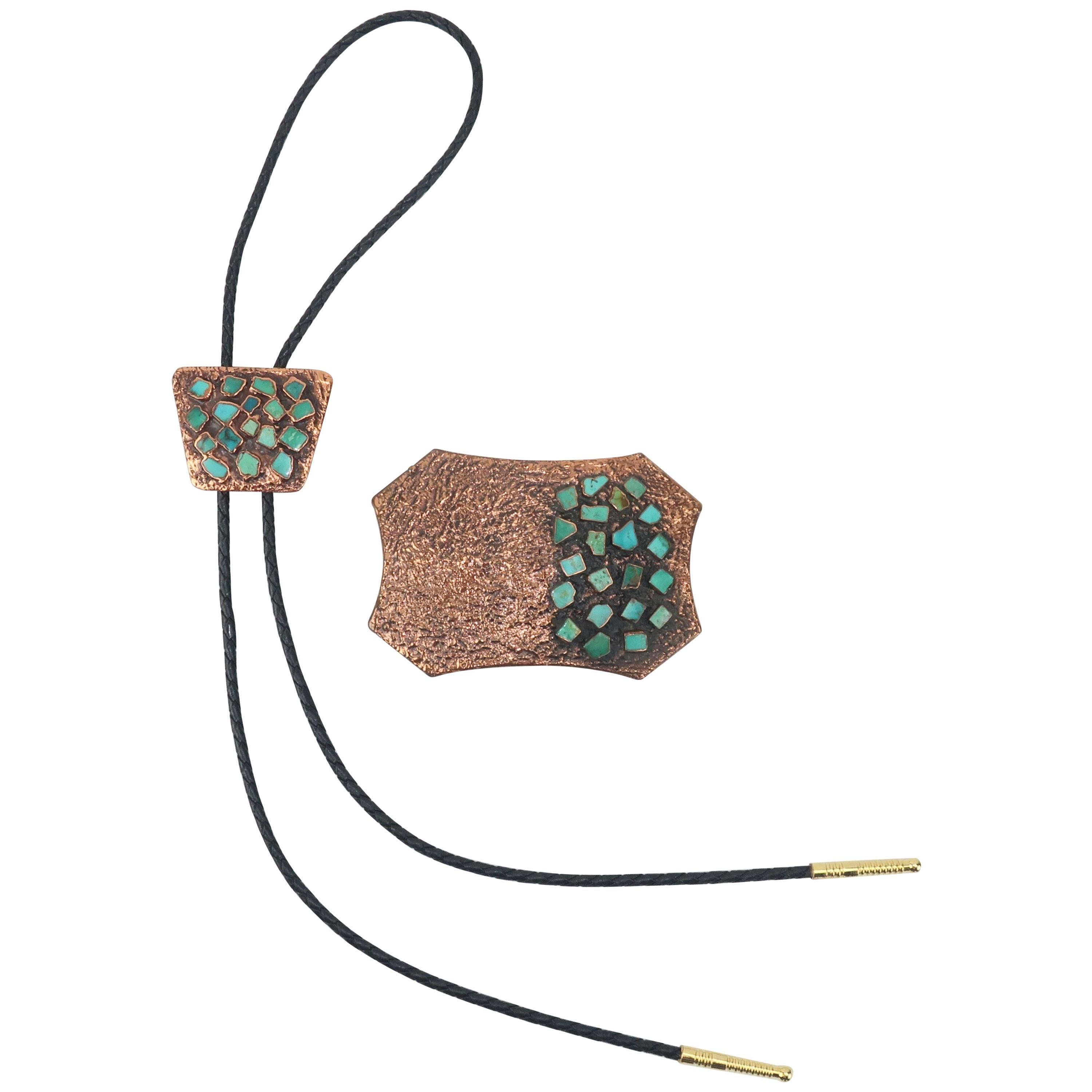 Brutalist Copper Turquoise Western Belt Buckle and Bolo Tie, Circa 1960 