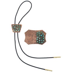 Retro Brutalist Copper Turquoise Western Belt Buckle and Bolo Tie, Circa 1960 